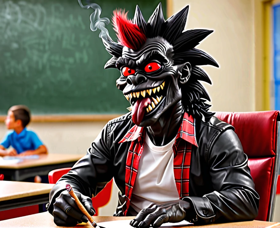 Black Spike Monster on Head with Red Eye Smoking Cigar sitting at Classroom, Style of Saved By the Bell