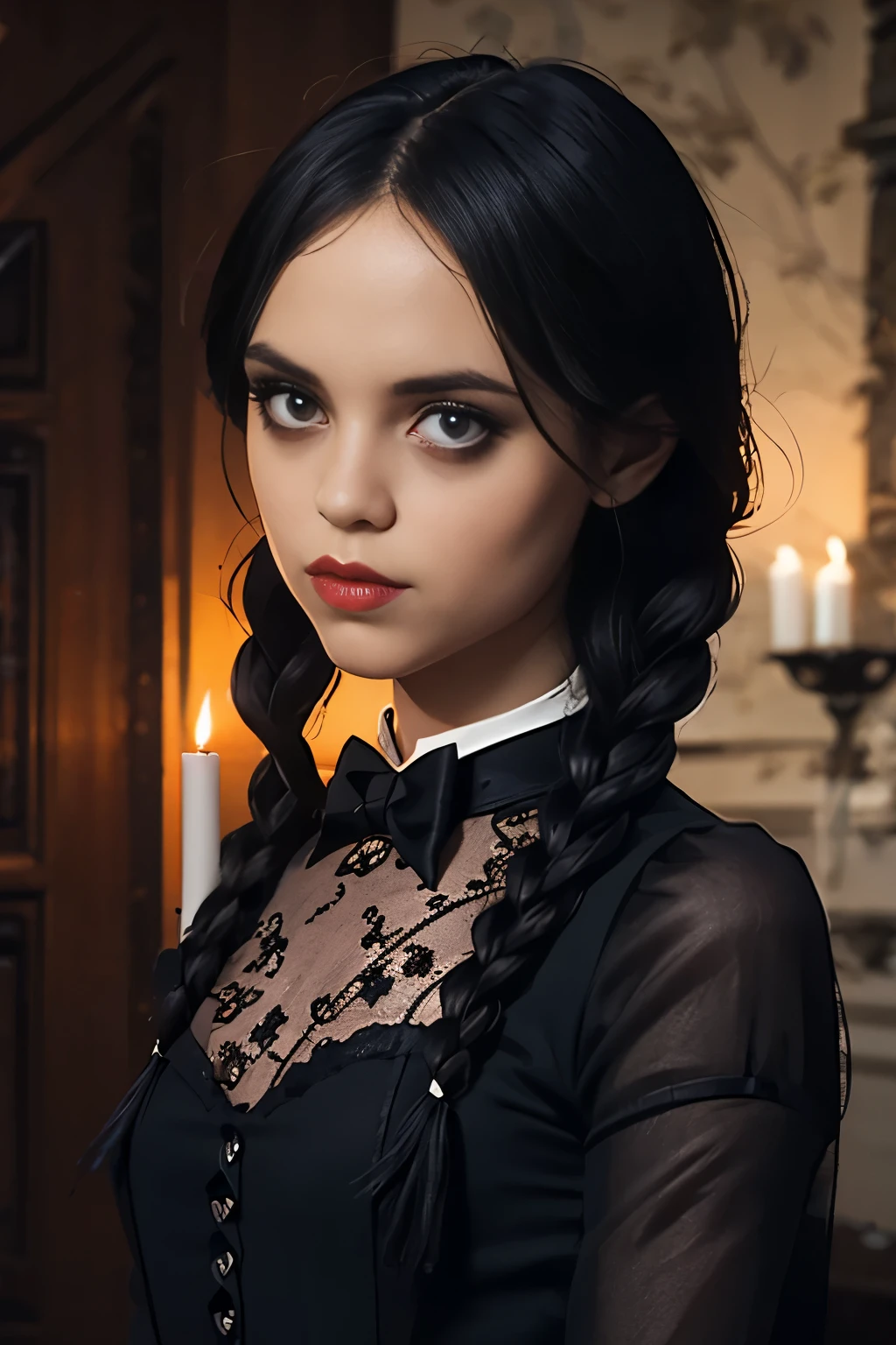 a creepy Wednesday Addams,illustration,gothic,spooky,black and white,vintage,dark atmosphere,detailed eyes,detailed lips,pale skin,expressive eyebrows,haunting,old mansion,creepy dolls,black Victorian fashion,loose braids,ominous background,stormy weather,candlelight,shadowy corners,haunted staircase,macabre,retro,moody lighting,thunder and lightning,spiderwebs,attic,antique furniture,intricate black lace,soft focus,vintage portrait,captivating gaze,subtle smile,foreboding presence,creepy innocence,hint of darkness,sepia tones,gloomy ambiance