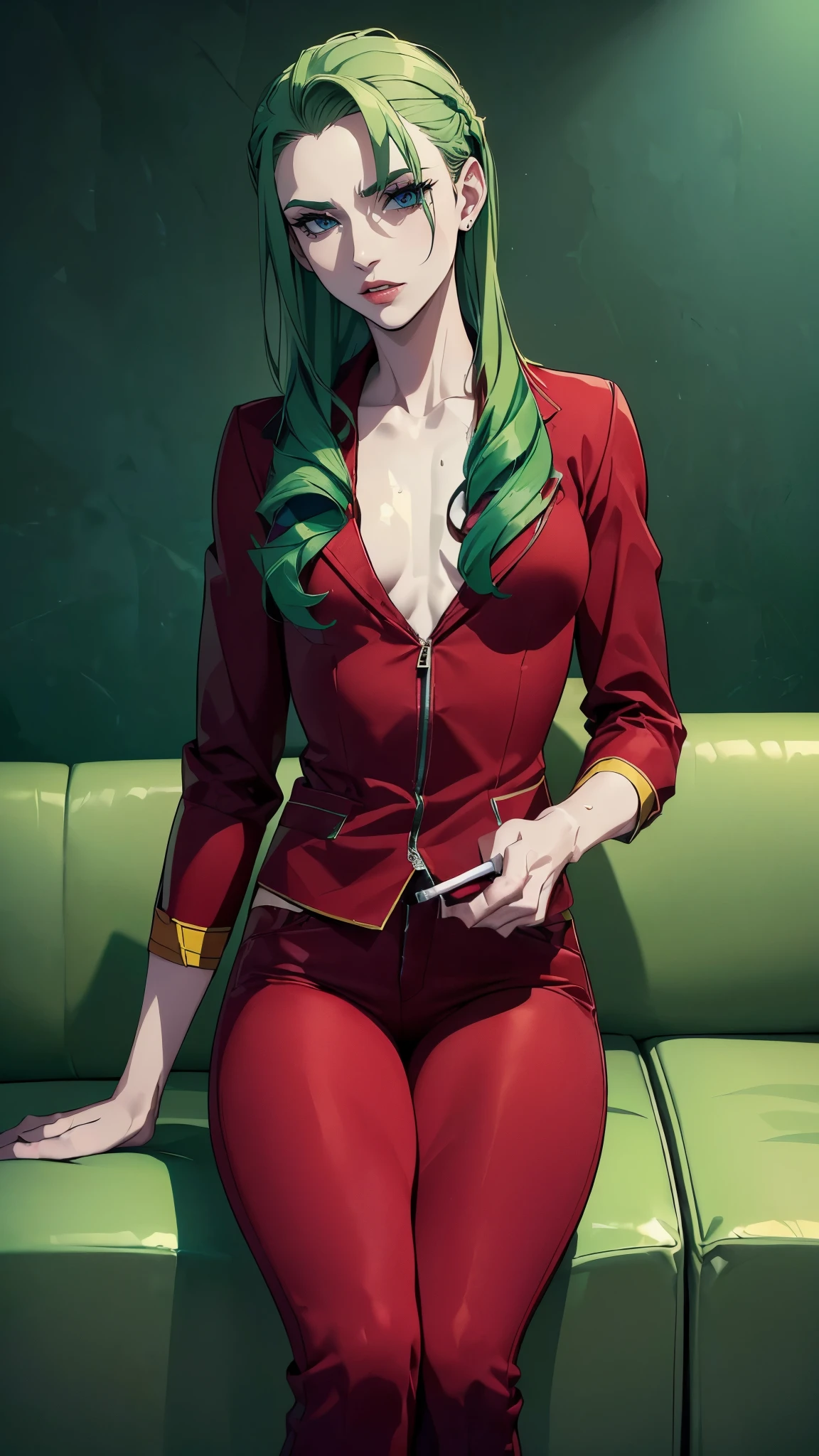 ((8K resolution))、((highest quality))、((masterpiece))、((Super detailed))((((dramatic))), (anatomically correct)、Depth of object being written、look at the camera、(theme、whole body:1.1)、one person、one personの女性、Woman dressed as a man、front、(clothing:red jacket、red pants、Yellow and blue accent)the joker style,Thin but muscular body, toned arms, long and thin legs, Athletic Presence,soaked、jagged teeth、He held a cigarette in his mouth.、half closed eyes / Bad mood 、pale skin、(thin chest、My chest fluttered.)、(hairstyle:Medium straight,green)、Sit on the vermilion sofa、(Background Wallpaper:Dark green base、yellow plaid)