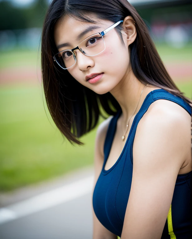 (masterpiece, highest quality, High resolution,8K, RAW image), Beautiful 15 year old plain Japanese student, wearing glasses, Beautiful long shiny black hair, snappy bangs, shiny face, shiny skin, Depth of written boundary, chromatic aberration, caustics, natural shading,  kind, smile, Small devil,cute face, thighs, film grain, chromatic aberration, sharp focus, face light, clear lighting, Ten generations, detailed face, background bokeh, very big breasts, slender body, Athletics attire, The background is an athletics stadium, full shot