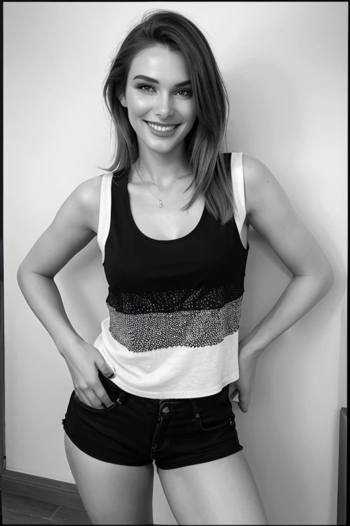 a woman in a black topand white shorts posing for a picture, Anna Nikonova aka Newmilky, cute seductive smile, seductive smile, Lovely woman, beautiful and smiling, black top, Instagram model, Dashataran, go ahead, Wearing a black short vest, Angelina Stroganova, attractive girl, beautiful model