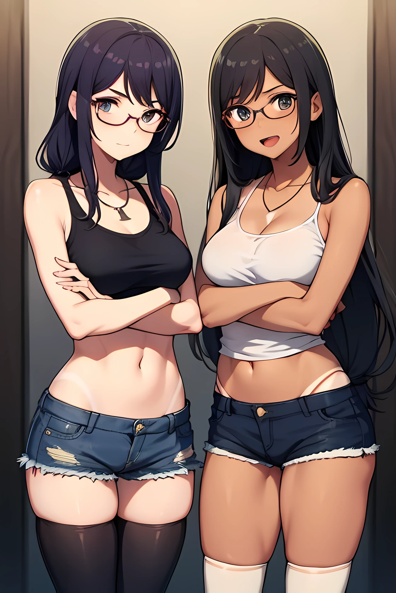 the two women are next to each other and holding a knife and a sword, striped, shorts, tan, glasses, jewelry, thighhighs, black hair, navel, necklace, multiple girls, long hair, tanlines, crossed arms, denim, short shorts, 2girls, open mouth, midriff, twintails, breasts, looking at viewer