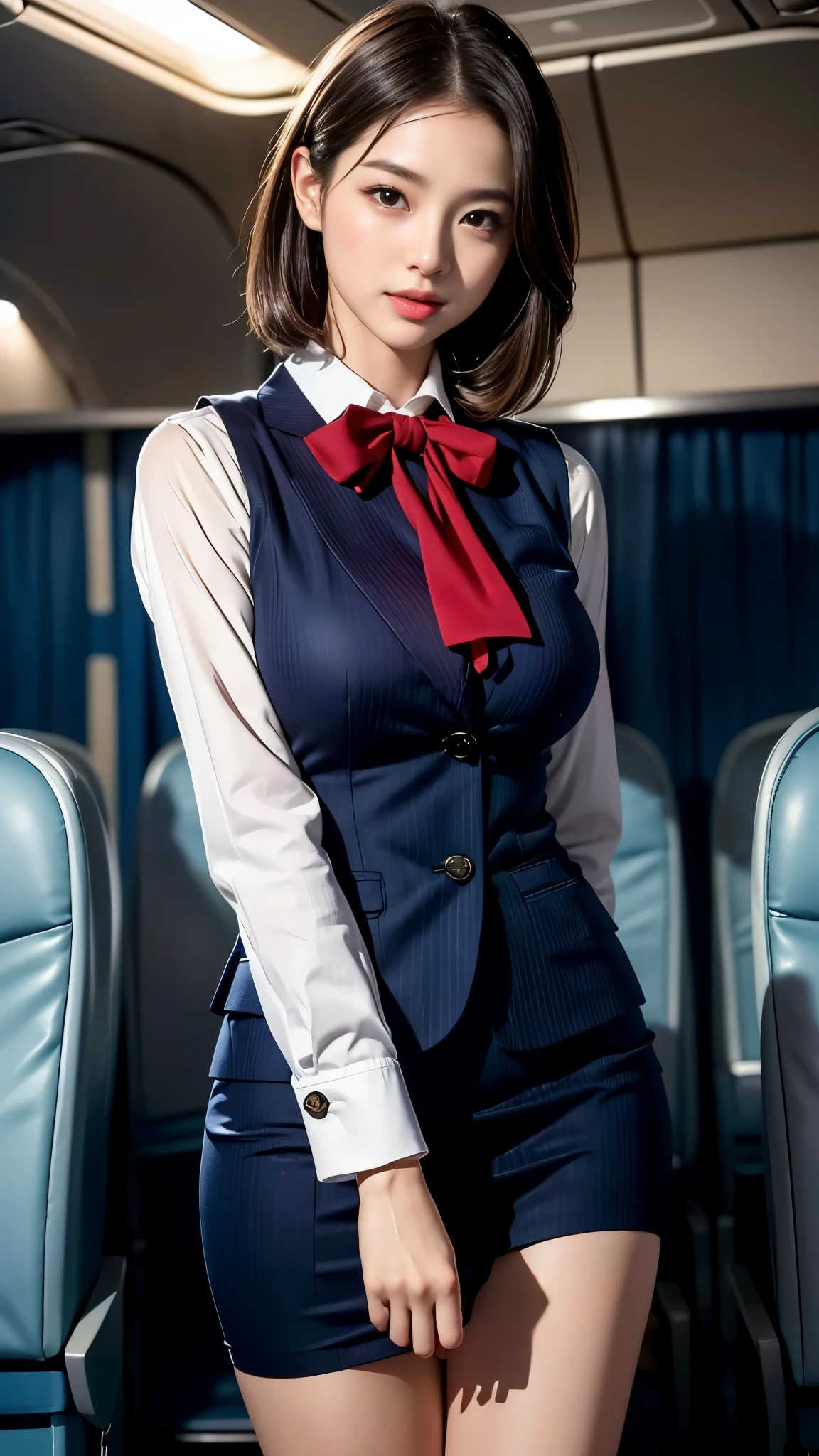 ((飛行機内ビジネスクラスのflight attendant席))、18-year-old、Beauty、flight attendant、Cabin attendant、stewardess、outstanding style、short bob、straight、brown hair、(seductive big breasts:1.3)、(Moisturizing lips:1.5)、(((Realistic uniforms)))、Stylish striped square scarf、Tight-fitting uniforms、(The Absolute Realm of Enchantion)、(detailed hands:1.3)、(detailed face)、(perfect anatomy)、(Brighten the contrast of shadows)、(Professional cinematic lighting)、(face lighting)、(nffsw++:1.10)、(ultra high resolution)、(highest quality)、(Improvement of quality)、(super detailed)、(accurate color)、(Photoreal)、(looking at the camera:1.5)