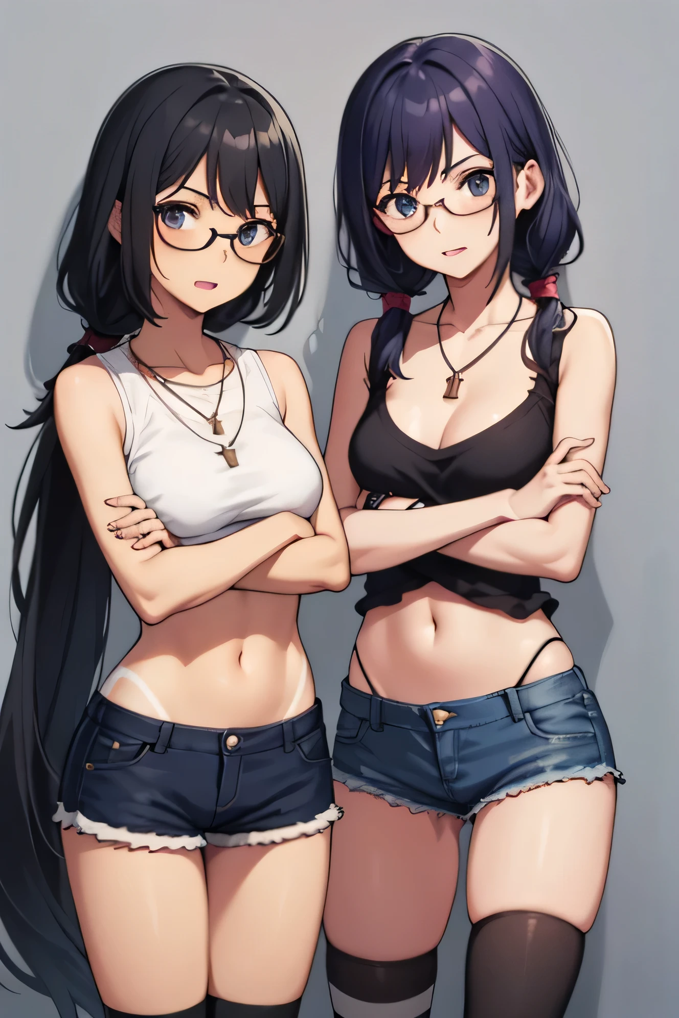 the two women are next to each other and holding a knife and a sword, striped, shorts, tan, glasses, jewelry, thighhighs, black hair, navel, necklace, multiple girls, long hair, tanlines, crossed arms, denim, short shorts, 2girls, open mouth, midriff, twintails, breasts, looking at viewer