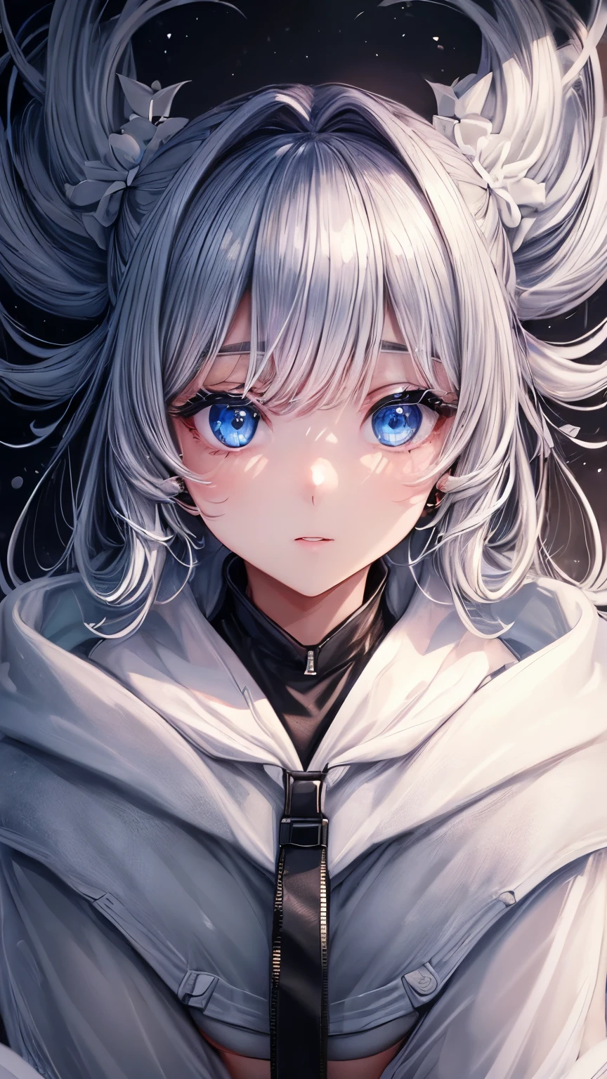 ((highest quality、High resolution、ultra detailed, 8K、masterpiece:1.8))、dynamic angle、I can see the whole body、wallpaper、1 girl、unparalleled beauty、ultimate beauty、super detailed face、delicate eyes、blue eyes, loving smile、sexy look、shirtlift tease, looking at the camera、Depth of bounds written、light particles、side light、ponytail、silver hair、white hoodie、black shortskirt, cropped hoodie underboob, Exposed underboob, huge breasts, white stockings, Sneakers、slim、slender、Street park ,