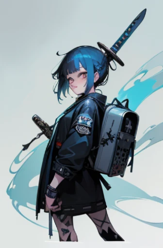 ((18-year-old punk girl,Unusual punk hair:1.3)),((Blue and white UK punk fashion:1.5)),(Only the bangs are long:1.5)Studded clothing、((Holding a sword in his right hand:1.5))、((Small backpack on the back))、(Light black and blue hair:1.5),Wacky makeup、full body, (masterpiece), (High resolution), (super delicate), scribble, nightmare, doll-like face, cartoon style, rough sketch, Horror elements, Comic style illustration, Japanese painting, Apparition, (Creepy), Japanese carving, crazy illustration, antique, dark atmosphere, flat illustration,Creepyな外観, Distinctive messy hairstyle, creative accessories, unique atmosphere