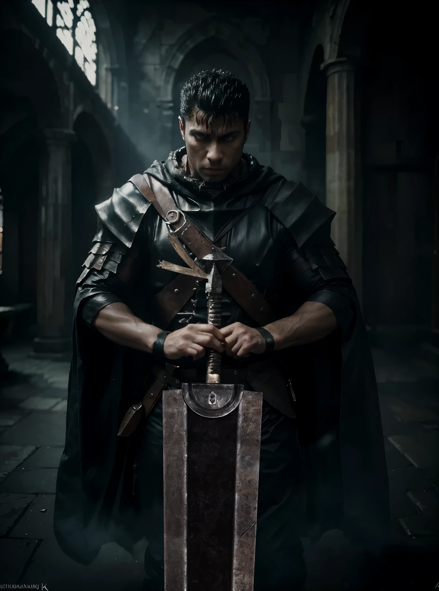guts berserk holding greatsword,black cloak, realistic person, realistic photo(best quality,4k,8k,highres,masterpiece:1.2), ultra-detailed, (realistic,photorealistic,photo-realistic:1.37), dark fantasy, portraits, shadows, cinematic lighting