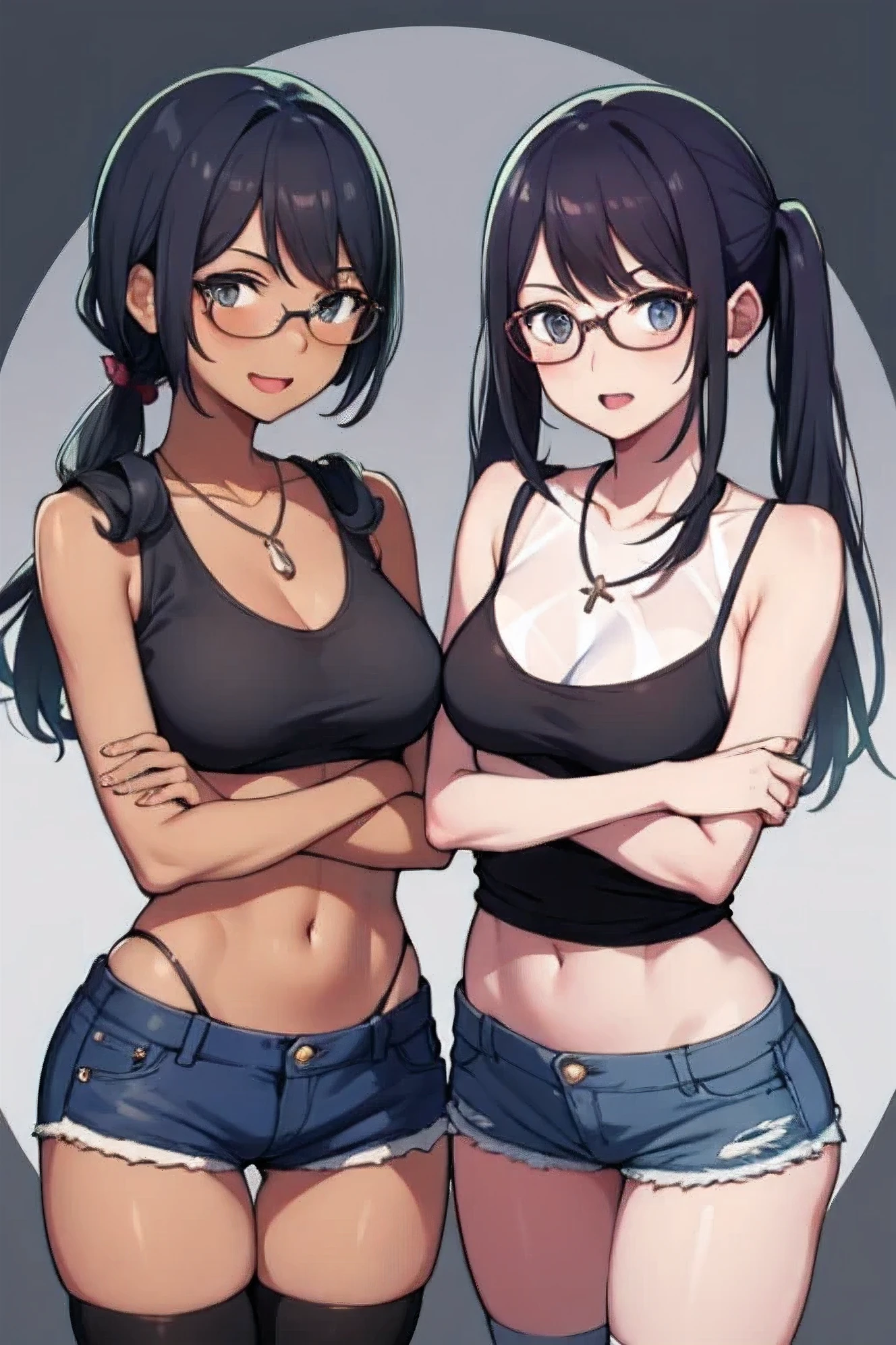 the two women are next to each other and holding a knife and a sword, striped, shorts, tan, glasses, jewelry, thighhighs, black hair, navel, necklace, multiple girls, long hair, tanlines, crossed arms, denim, short shorts, 2girls, open mouth, midriff, twintails, breasts, looking at viewer