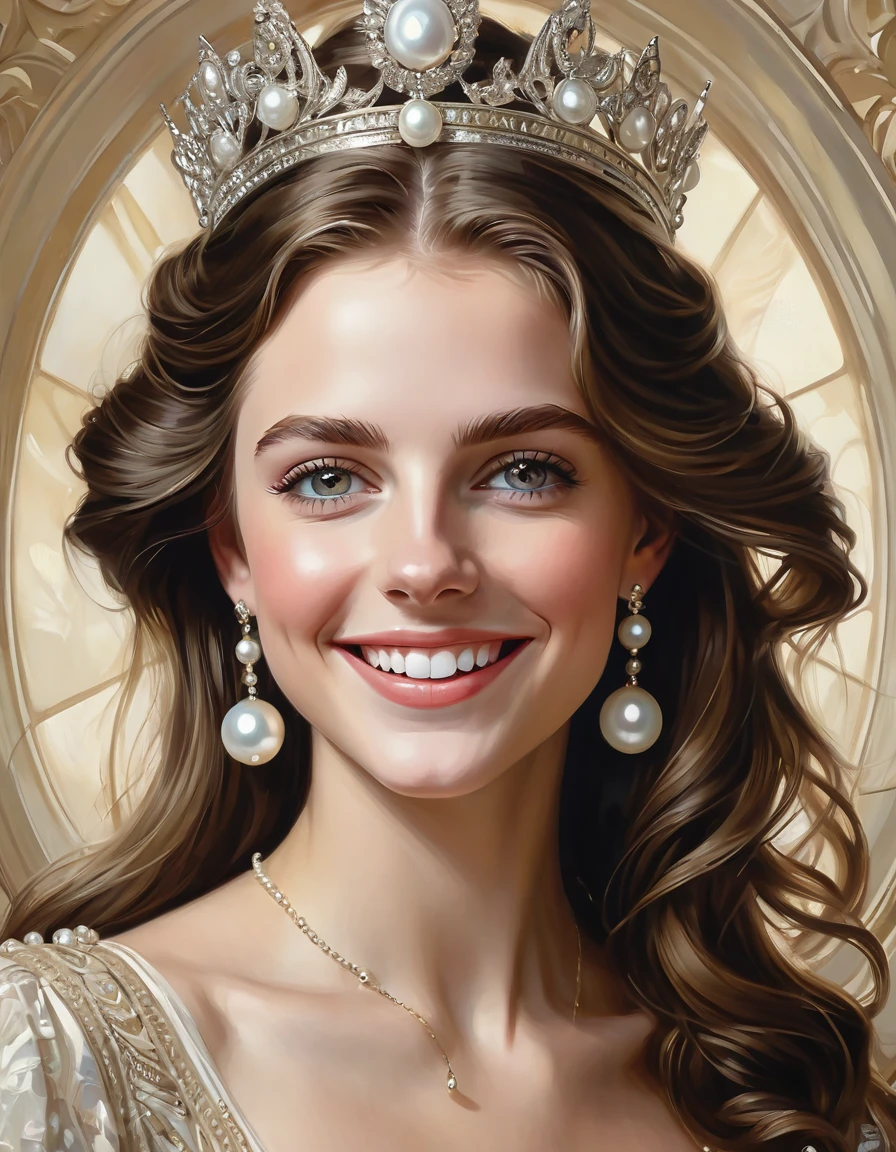 Beautiful young woman [Elizabeth II:Maude Adams:0.45] with radiant smile, long brown lush hair, detailed and focused light eyes, large realistic facial features, beautiful smile, white even teeth, detailed drawing, cinematography, masterpiece, pure perfection, Pinot Daeni, Karol Buck, sharp focus, splashes, 16K, intricate details, an airbrush painting, inspired by Tom Bagshaw, j. c. leyendecker 8 k, very pretty face, #1 digital painting of all time, digital art - w 700, realistic cute girl painting, beautiful art uhd 4 k, girl with a pearl earringl, black elegant hair