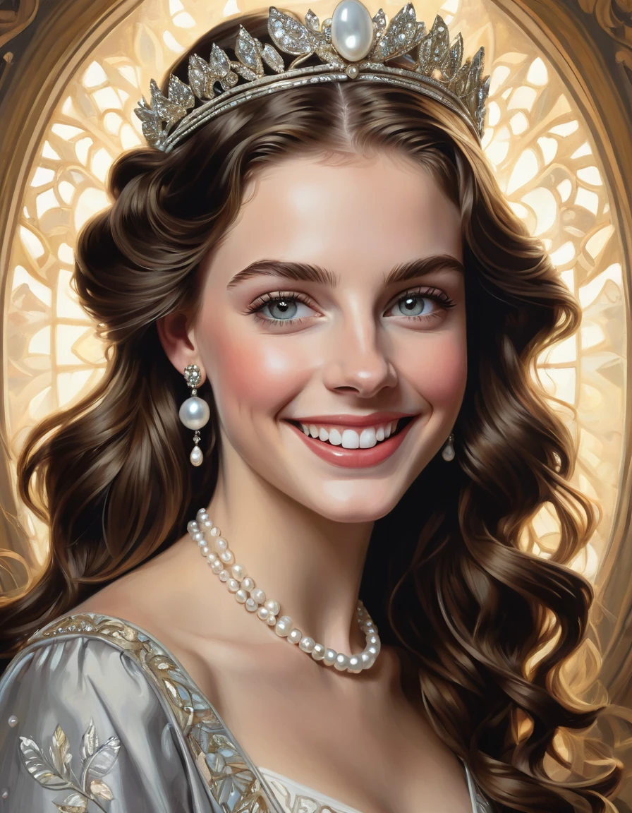 Beautiful young woman [Elizabeth II:Maude Adams:0.45] with radiant smile, long brown lush hair, detailed and focused light eyes, large realistic facial features, beautiful smile, white even teeth, detailed drawing, cinematography, masterpiece, pure perfection, Pinot Daeni, Karol Buck, sharp focus, splashes, 16K, intricate details, an airbrush painting, inspired by Tom Bagshaw, j. c. leyendecker 8 k, very pretty face, #1 digital painting of all time, digital art - w 700, realistic cute girl painting, beautiful art uhd 4 k, girl with a pearl earringl, black elegant hair