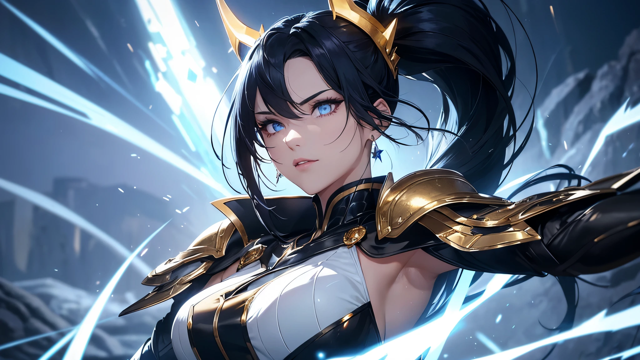 a mature woman, Confident, mighty and strong, (black blue hair streaked sky blue luminous hair), ((Extra long high ponytail with single side ear front hair combed in back)), floating hair, hair strand, shiny hair, blue amber eyes, pupils sparkling, aqua eyes, glowing eyes, pupils sparkling, upturned eyes, long upper eyelashes, double eyelids, deep red purple lips, white crystal earrings, a slight smile, (((Glowing clothing effect))), (Silver full body heavy armor), (((super high exquisite black and gold twin color pattern on silver armor))), ((Right hand holds a silver spear with lightning)), ((The left forearm is surrounded by fire and lightning)), (A huge upright lightning ring totem floats behind the shoulders), She is a war goddess, Random pose, Random expressions, Random background, White light surrounding the body, god rays, anime, full_body, Wide-Angle, UHD, masterpiece, award winning, 8k, super detail, best quality, retina, ccurate, super textured skin, super detail face, perfect face, Super fine facial details, beautiful and delicate eyes, perfect eyes, anatomically correct, correct limbs, correct finger, super detail finger, best hair quality, best clothing quality, best prop quality, best totem detail and quality, complex totem detail
