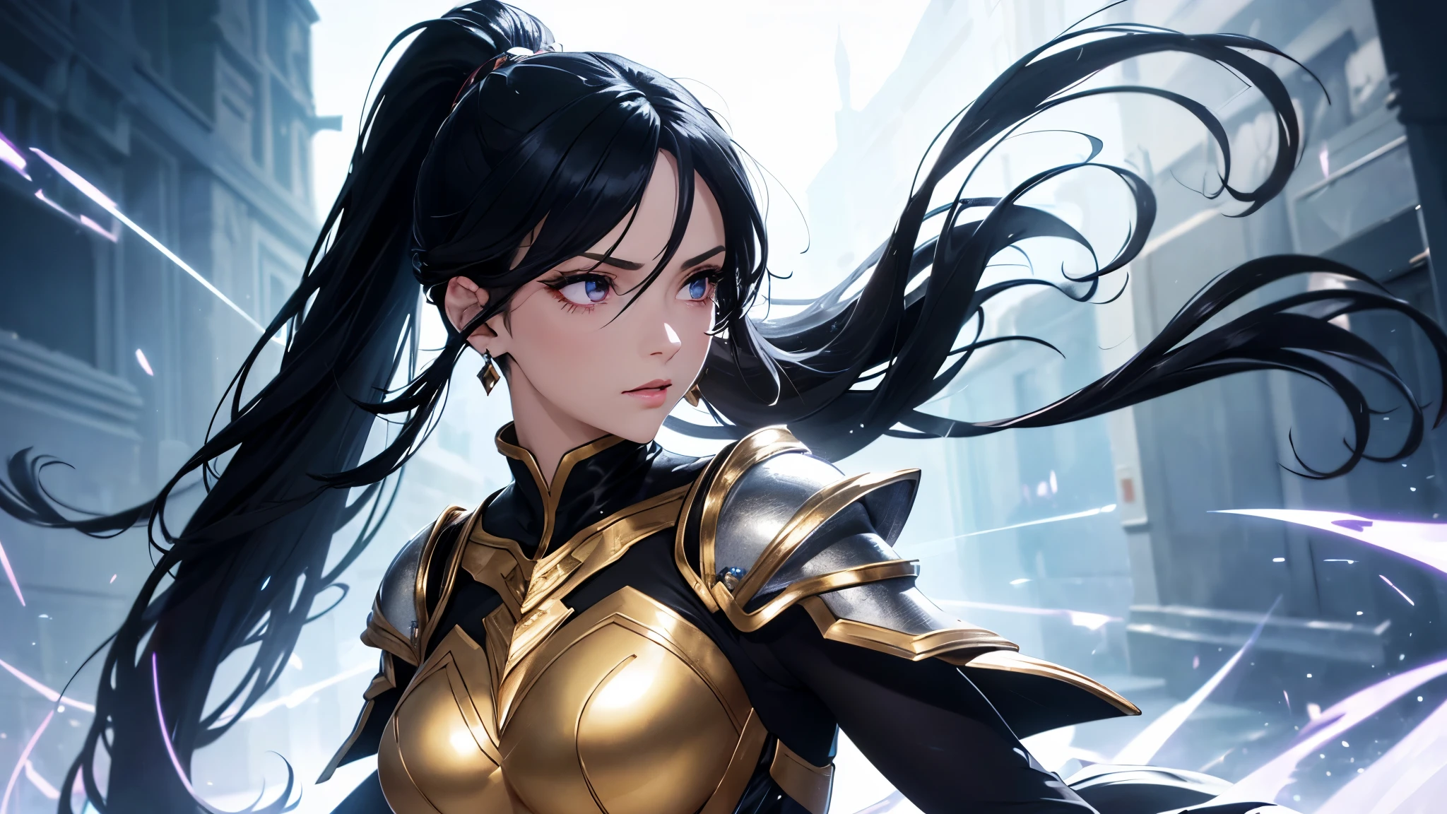a mature woman, Confident, mighty and strong, (black blue hair streaked sky blue luminous hair), ((Extra long high ponytail with single side ear front hair combed in back)), floating hair, hair strand, shiny hair, blue amber eyes, pupils sparkling, aqua eyes, glowing eyes, pupils sparkling, upturned eyes, long upper eyelashes, double eyelids, deep red purple lips, white crystal earrings, a slight smile, (((Glowing clothing effect))), (Silver full body heavy armor), (((super high exquisite black and gold twin color pattern on silver armor))), ((Right hand holds a silver spear with lightning)), ((The left forearm is surrounded by fire and lightning)), (A huge upright lightning ring totem floats behind the shoulders), She is a war goddess, Random pose, Random expressions, Random background, White light surrounding the body, god rays, anime, full_body, Wide-Angle, UHD, masterpiece, award winning, 8k, super detail, best quality, retina, ccurate, super textured skin, super detail face, perfect face, Super fine facial details, beautiful and delicate eyes, perfect eyes, anatomically correct, correct limbs, correct finger, super detail finger, best hair quality, best clothing quality, best prop quality, best totem detail and quality, complex totem detail