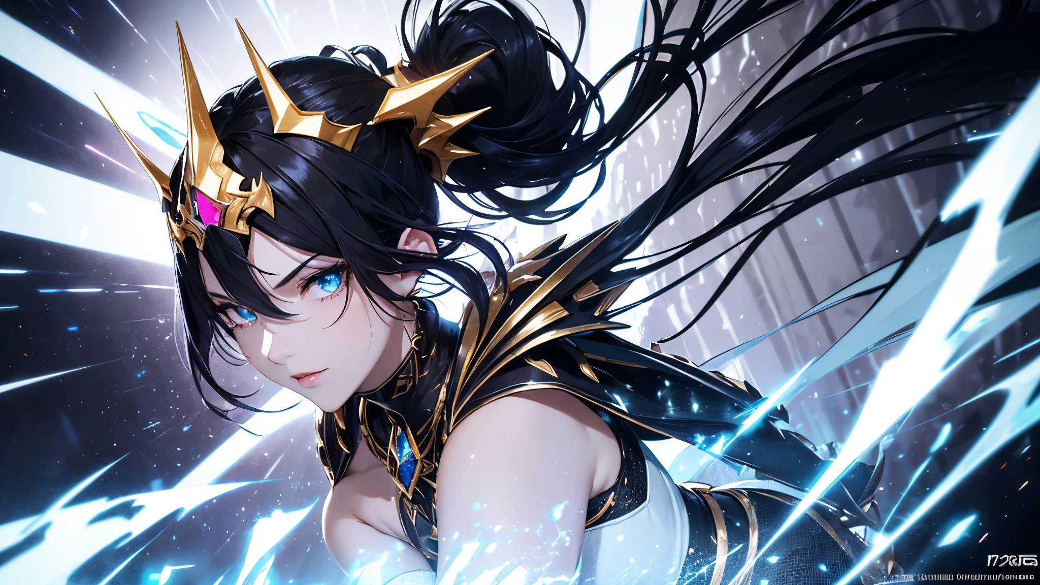 a mature woman, Confident, mighty and strong, (black blue hair streaked sky blue luminous hair), ((Extra long high ponytail with single side ear front hair combed in back)), floating hair, hair strand, shiny hair, blue amber eyes, pupils sparkling, aqua eyes, glowing eyes, pupils sparkling, upturned eyes, long upper eyelashes, double eyelids, deep red purple lips, white crystal earrings, a slight smile, (((Glowing clothing effect))), (Silver full body heavy armor), (((super high exquisite black and gold twin color pattern on silver armor))), ((Right hand holds a silver spear with lightning)), ((The left forearm is surrounded by fire and lightning)), (A huge upright lightning ring totem floats behind the shoulders), She is a war goddess, Random pose, Random expressions, Random background, White light surrounding the body, god rays, anime, full_body, Wide-Angle, UHD, masterpiece, award winning, 8k, super detail, best quality, retina, ccurate, super textured skin, super detail face, perfect face, Super fine facial details, beautiful and delicate eyes, perfect eyes, anatomically correct, correct limbs, correct finger, super detail finger, best hair quality, best clothing quality, best prop quality, best totem detail and quality, complex totem detail