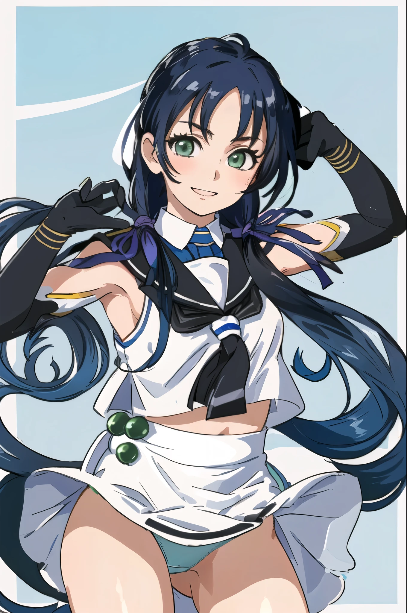 (masterpiece), (highest quality), (Super detailed), realistic, (best illustrations), (very delicate and beautiful),1 girl, alone,cool breeze KC, blue ribbon,twin tails, hair ribbon, cowboy shot, white serafuku, No sleeve, sailor collar,white skirt, black neckerchief,(elbow bag),black gloves,Shirt collar, Happy, detailed background, smile, detailed iris, low twin tails, long hair, green eyes, (fully exposed panties), In underwear, skirt lift