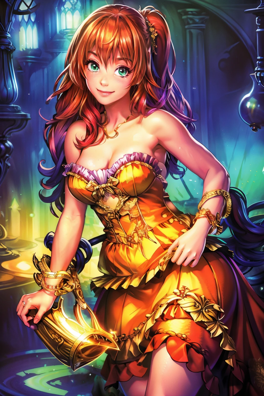 Beverage print advertising -- sultry siren with gleaming golden locks (1.3), radiant complexion, and captivating green eyes (1.4) (photorealistic:1.6), clad in a red satin dress that hugs her curves, holds a tall, frosted glass of the beverage in one hand, and with a seductive smile and inviting glance, encourages the viewer to take a sip, creating an irresistible thirst (solo:1.7), background is a blur of soft focus, and bursting with enticing, vibrant colors (best quality), ultra high resolution, (HDR:1.3), the glass