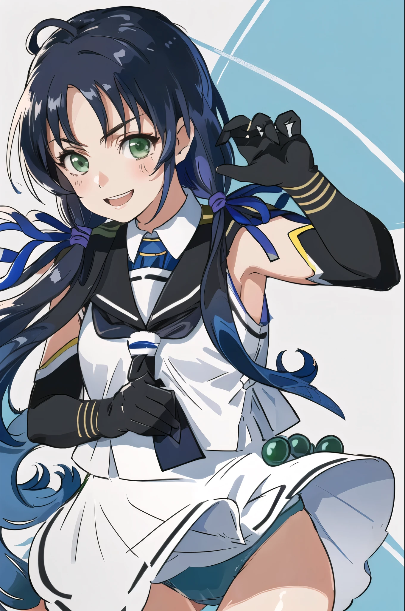 (masterpiece), (highest quality), (Super detailed), realistic, (best illustrations), (very delicate and beautiful),1 girl, alone,cool breeze KC, blue ribbon,twin tails, hair ribbon, cowboy shot, white serafuku, No sleeve, sailor collar,white skirt, black neckerchief,(elbow bag),black gloves,Shirt collar, Happy, detailed background, smile, detailed iris, low twin tails, long hair, green eyes, (panties), flashy underwear, skirt lift
