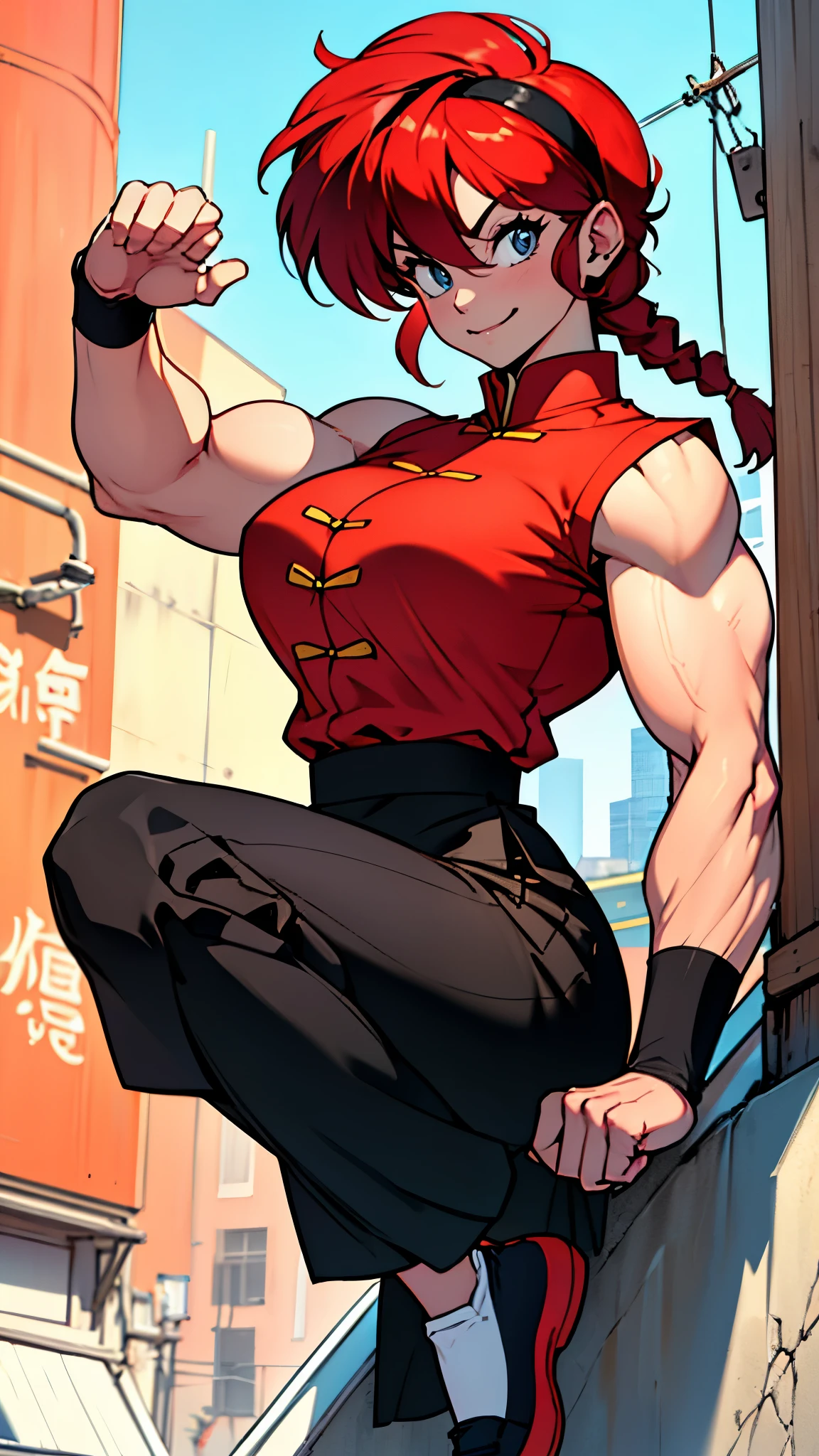 masterpiece, ultra quality, Beautiful detailed, extremely detailed,16K, exquisite, absurdity, highres, Beautiful background, Beautiful eye, Beautiful skin, anime style, 1girl, solo, looking at the viewer, upper body focus, huge breasts, big ass, red_hair, single braids BREAK Ranma red_shirt, ranma black_pants, Black_kung fu_shoes, Cameltoe BREAK (((muscular:1.5))), cheeky smile, Cheeky daughter, kung fu pose, (One leg raised up above the head:1.3), kick, i-shaped balance, detailed hands, perfect anatomy, outdoor, loose, Togenkyo,