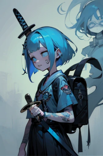 ((18-year-old punk girl,Unusual punk hair:1.3)),((Blue and white UK punk fashion:1.5)),(Light black and blue hair:1.5、long bangs:1.5、short hair)Studded clothing、((Holding a sword in his right hand:1.5))、((Small backpack on the back))、（narrow and small eyes）,Wacky makeup、breast enhancement, (masterpiece), (High resolution), (super delicate), scribble, nightmare, doll-like face, cartoon style, rough sketch, Horror elements, Comic style illustration, Japanese painting,  Apparition, (Creepy), Japanese carving, crazy illustration, antique, dark atmosphere, flat illustration,Creepyな外観, unique atmosphere
