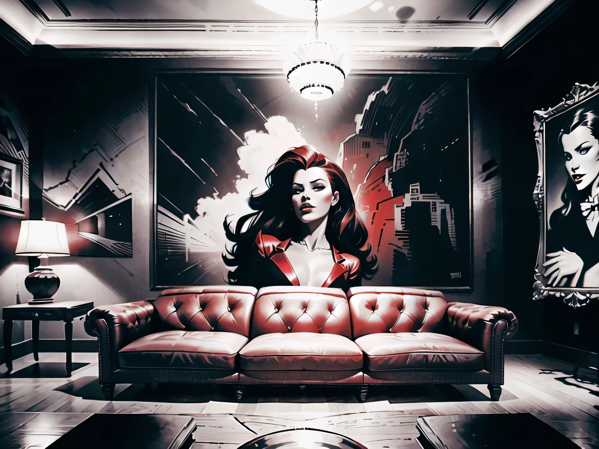 arafed woman sitting on a red couch in a room with a painting, inspired by George Hurrell, inspired by Helmut Newton, fine art fashion photography, inspired by Karl Bryullov, portrait shot, fine art fashion magazine style, 4 k glamour photography, grayscale photo with red dress, by Elena Guro, by Galen Dara, red room