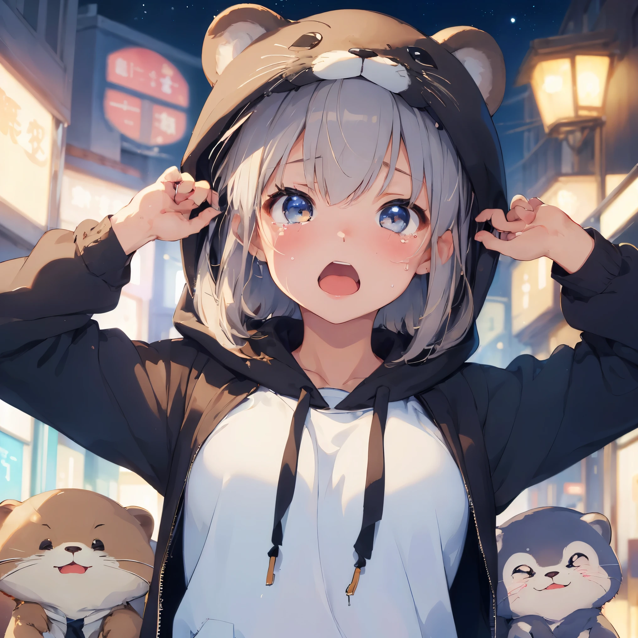 (masterpiece:1.2), (highest quality:1.2), (High resolution:1.2),1 girl , Otter Hoodie, cry、Are crying、open your mouth、Upper body、shed tears、large tears