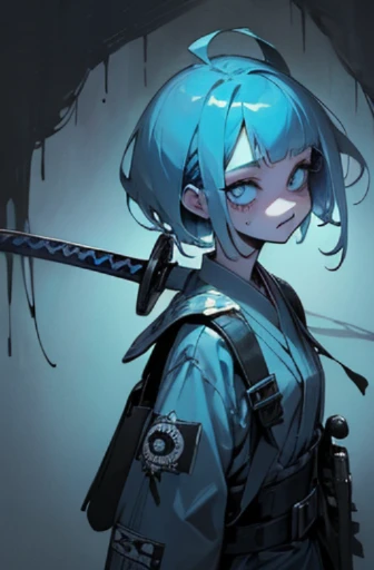 ((18-year-old punk girl,Unusual punk hair:1.3)),((Blue and white UK punk fashion:1.5)),(Light black and blue hair:1.5、long bangs:1.5、short hair)Studded clothing、((Holding a sword in his right hand:1.5))、((Small backpack on the back))、(narrow and small eyes),Wacky makeup、breast enhancement, (masterpiece), (High resolution), (super delicate), nightmare, doll-like face, cartoon style, Horror elements, Comic style illustration, Japanese painting, Apparition, (Creepy), Japanese carving, crazy illustration, antique, dark atmosphere, flat illustration,Creepyな外観, unique atmosphere