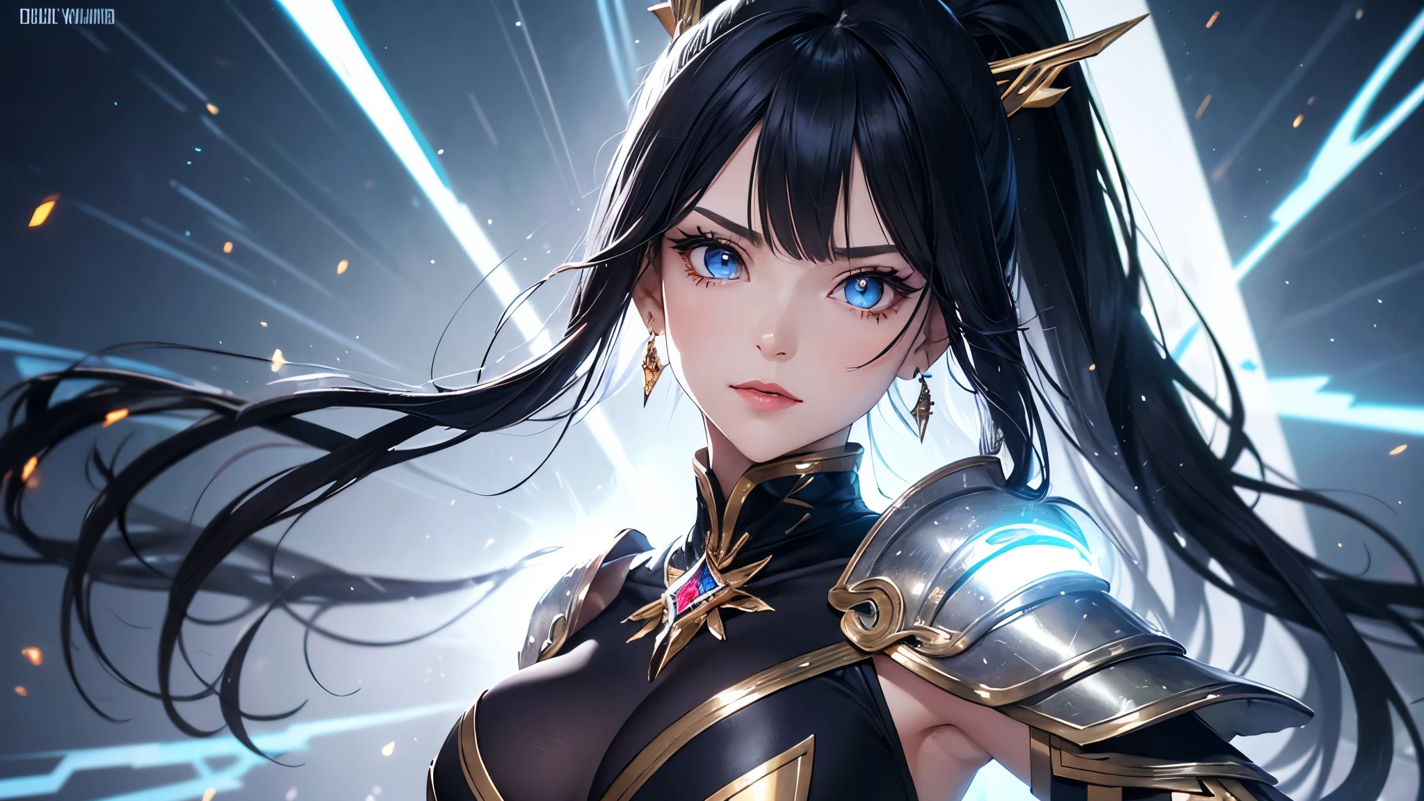 a mature woman, Confident, mighty and strong, black blue hair, Extra long high ponytail with single ear hair combed in front and back, streaked sky blue luminous hair, floating hair, hair strand, shiny hair, blue amber eyes, pupils sparkling, aqua eyes, glowing eyes, pupils sparkling, upturned eyes, long upper eyelashes, double eyelids, deep red lips, white crystal earrings, a slight smile, Glowing clothing effect, Silver full body armor, Exquisite black and gold two-color pattern armor, The right hand holds a silver spear with lightning, The left forearm is surrounded by fire and lightning, A huge upright lightning ring totem floats behind the shoulders, She is a war goddess, Random pose, Random expressions, Random background, White light surrounding the body, god rays, anime, UHD, masterpiece, award winning, 8k, super detail, best quality, retina, ccurate, super textured skin, super detail face, perfect face, Super fine facial details, beautiful and delicate eyes, perfect eyes, anatomically correct, correct limbs, correct figner, super detail figner, best hair quality, best clothing quality, best prop quality, best totem detail and quality, complex totem detail,