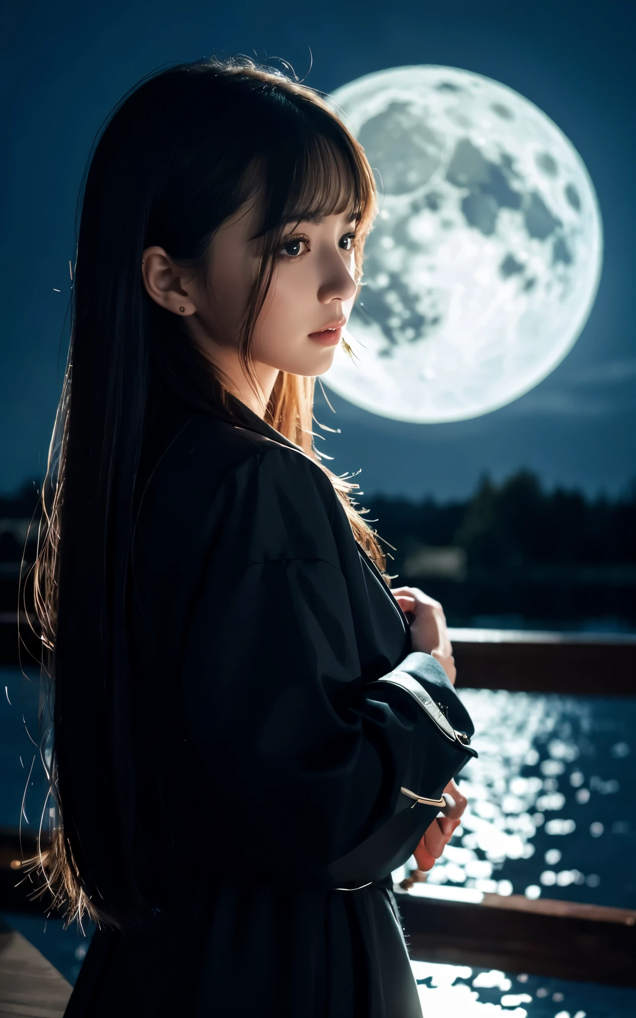 masterpiece, Best Quality, 8K, a full moon that fills the screen., 1 girl