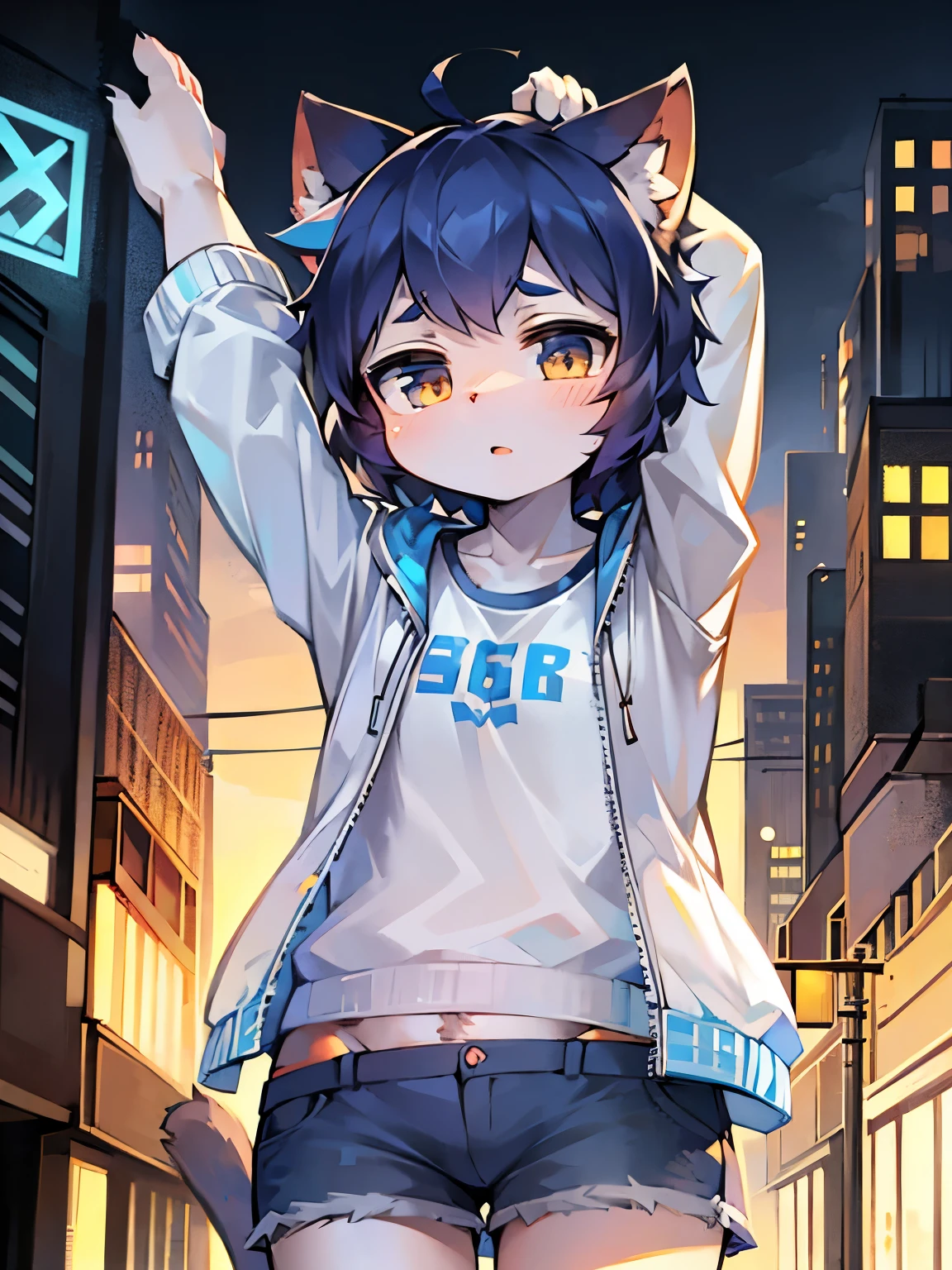 It's sunny outside,cat girl,Cat ear,Female focus,hairy woman,Acting cute,short and small,Characteristics of a three-year-old girl,white skin,Blue short sleeve with white jacket,shorts,city bright background