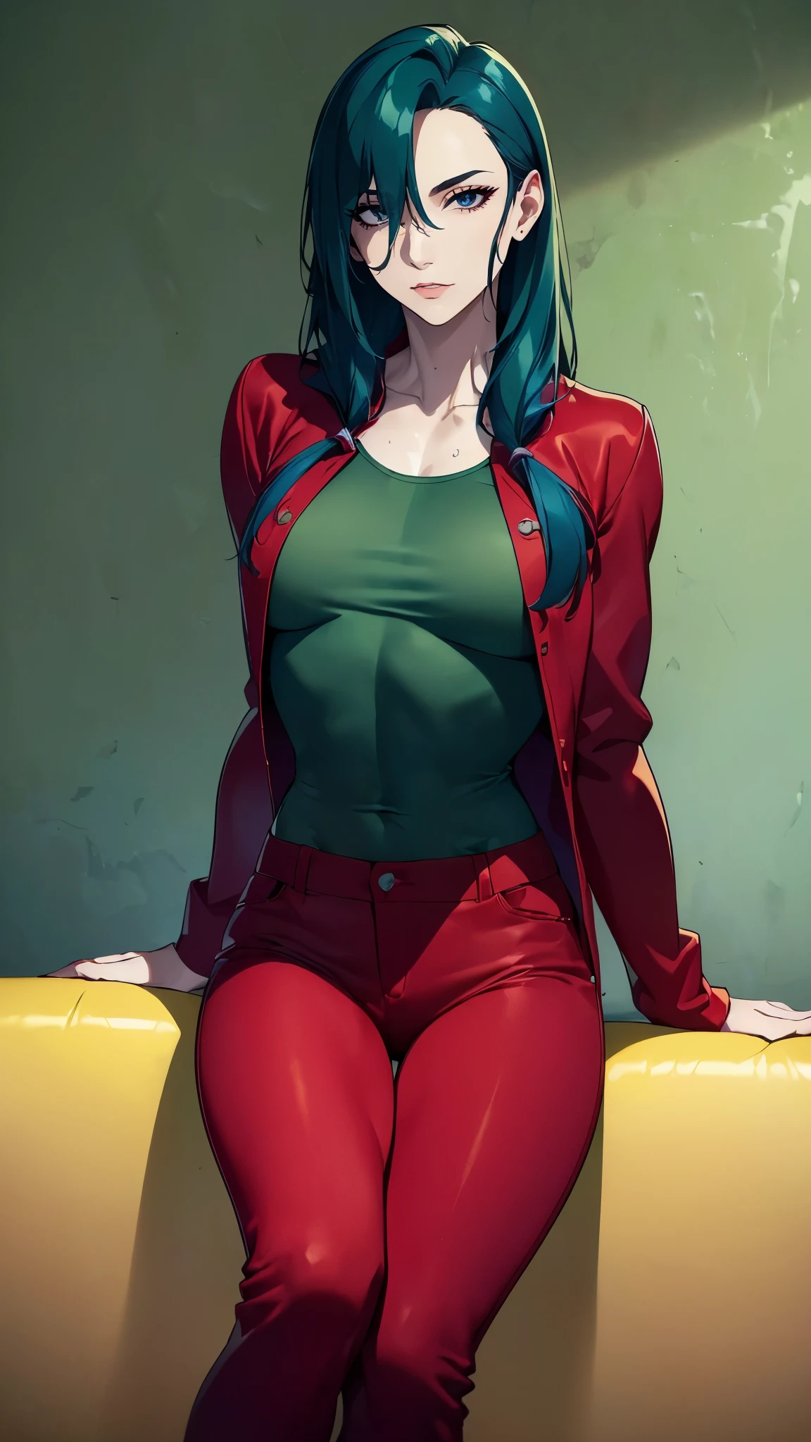 ((8K resolution))、((highest quality))、((masterpiece))、((Super detailed))((((dramatic))), (anatomically correct)、Depth of object being written、look at the camera、(theme、whole body:1.1)、one person、one personの女性、Woman dressed as a man、front、(clothing:red jacket、Unbuttoned blue shirt、red pants、Yellow and blue accents)Joker Style,Thin but muscular body, toned arms, long and thin legs, Athletic Presence,soaking wet、jagged teeth、He had a cigarette in his mouth.、half closed eyes / Bad mood 、pale skin、(thin chest、open chest)、(hairstyle:Medium straight,hair color:green)、Sitting on a yellow sofa、(Background wallpaper:Dark green )