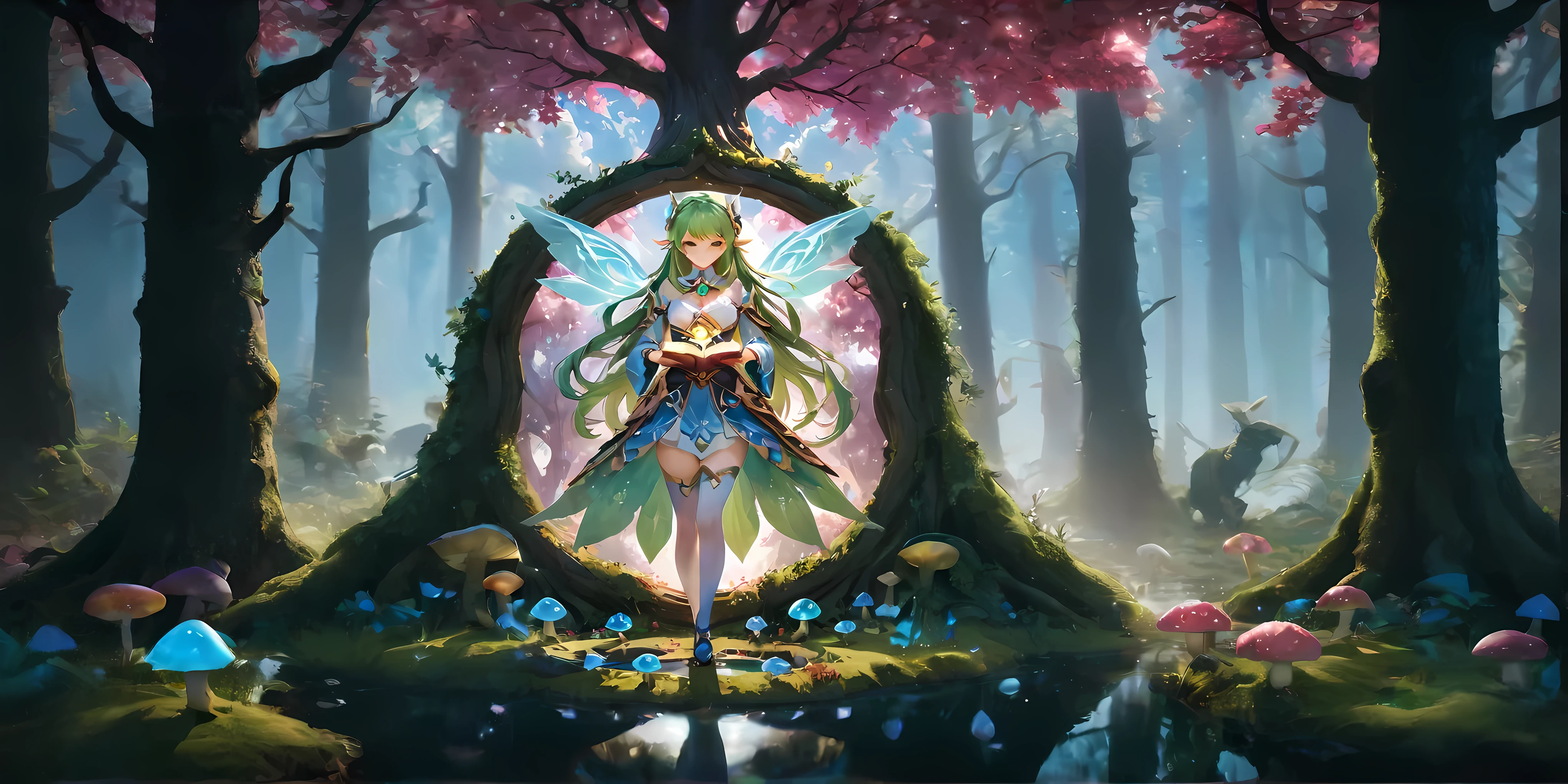 anime girl in a forest with mushrooms and trees, fey queen of the summer forest, anime fantasy artwork, anime fantasy illustration, forest fairy, fantasy art style, 2. 5 d cgi anime fantasy artwork, forest fae, goddess of the forest, astri lohne, from league of legends, cushart krenz key art feminine, goddess of nature