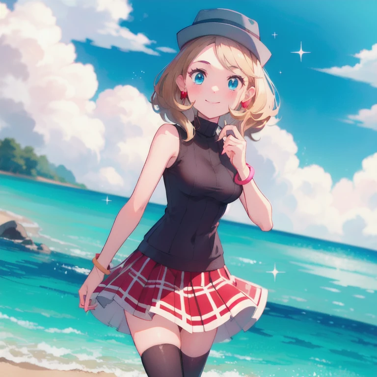 gonzarez, masterpiece, Serenaj, 1girl, grey headwear, solo, jewelry, thighhighs, sleeveless turtleneck, turtleneck, skirt, smile, sweater vest, blonde hair, earrings, hat, blue eyes, sleeveless, closed mouth, eyelashes, vest, blush, bangs, breasts, medium hair, bracelet, looking at viewer, outdoors, black thighhighs, brown thighhighs, sky, day, sparkle, shiny, cloud, pleated skirt, red skirt, brown vest, water, cowboy shot,  