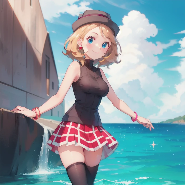 gonzarez, masterpiece, Serenaj, 1girl, grey headwear, solo, jewelry, thighhighs, sleeveless turtleneck, turtleneck, skirt, smile, sweater vest, blonde hair, earrings, hat, blue eyes, sleeveless, closed mouth, eyelashes, vest, blush, bangs, breasts, medium hair, bracelet, looking at viewer, outdoors, black thighhighs, brown thighhighs, sky, day, sparkle, shiny, cloud, pleated skirt, red skirt, brown vest, water, cowboy shot,