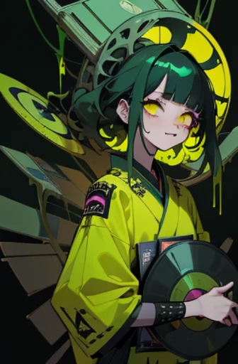 ((18-year-old punk girl)),((Green and yellow UK punk fashion:1.5)),(light black hair:1.5、Messy permed hair)Studded clothing、((Holding a record in both hands:1.5))、((He has a big speaker on his back))、（narrow and small eyes）,Wacky makeup、breast enhancement, (masterpiece), (High resolution), (super delicate), nightmare, doll-like face, cartoon style, Horror elements, Comic style illustration, Japanese painting,  Apparition, (Creepy), Japanese carving, crazy illustration, antique, dark atmosphere, flat illustration,Creepyな外観, unique atmosphere
