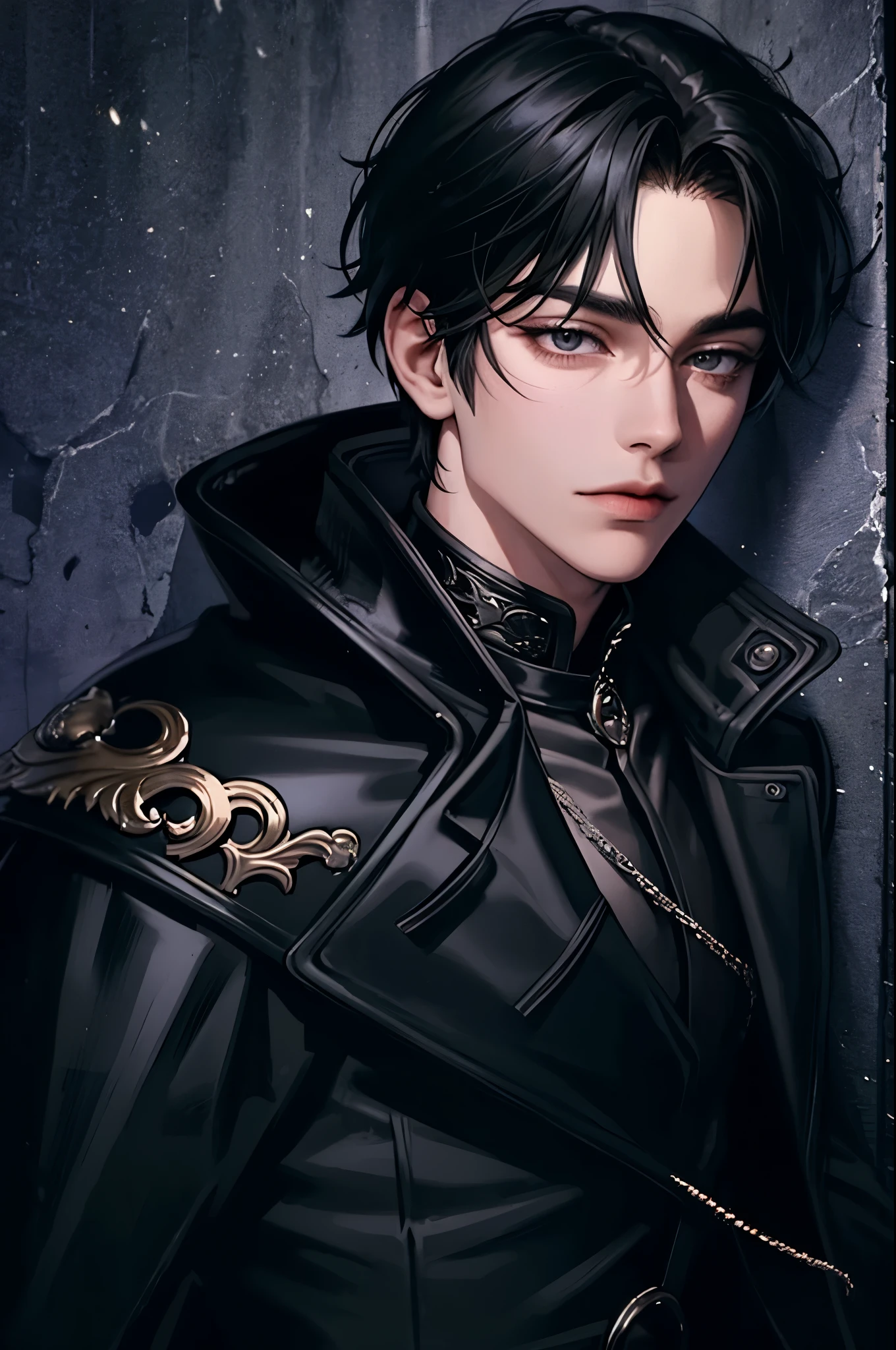 masterpiece, best quality, 1man, adult, male focus, solo, medium black hair, vibrant black eyes, looking at viewer, closed mouth, emo, Fantasy aesthetics, Highly detailed, shadowverse style, leather coat