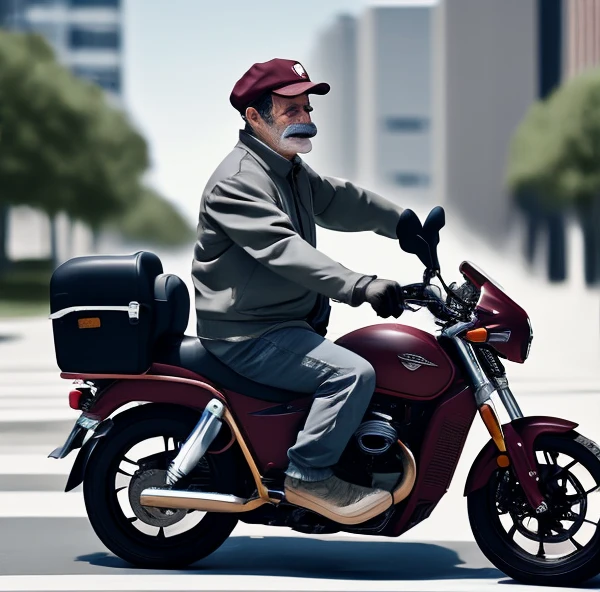 Scruffy the Janitor riding Motorcycle On Air, Gray Mustache, Maroon Flat Cap, Blue Techwear Jacket, Style of Futurama