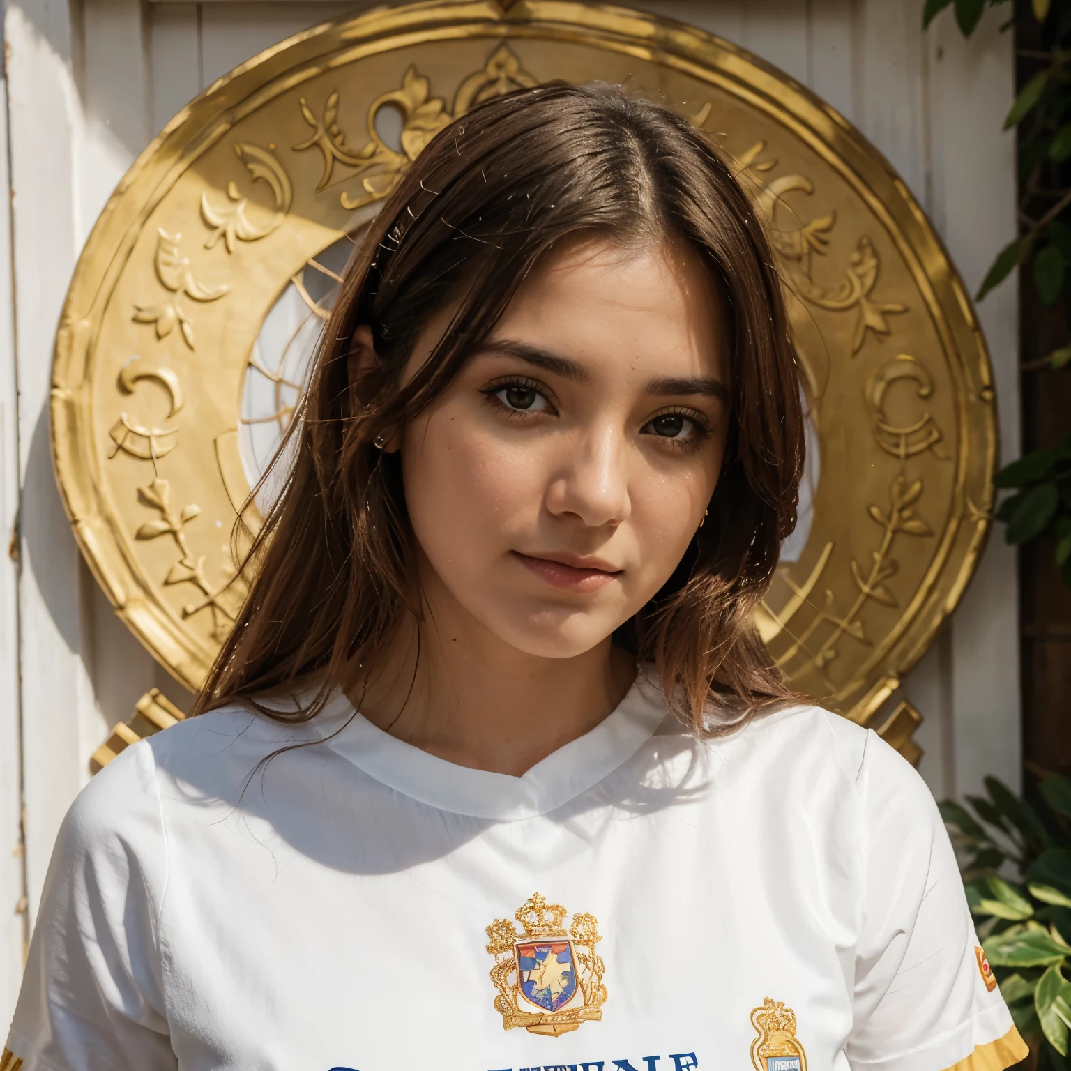 Escudo blanco con letras CRM centradas y promo xi y alas doradas
