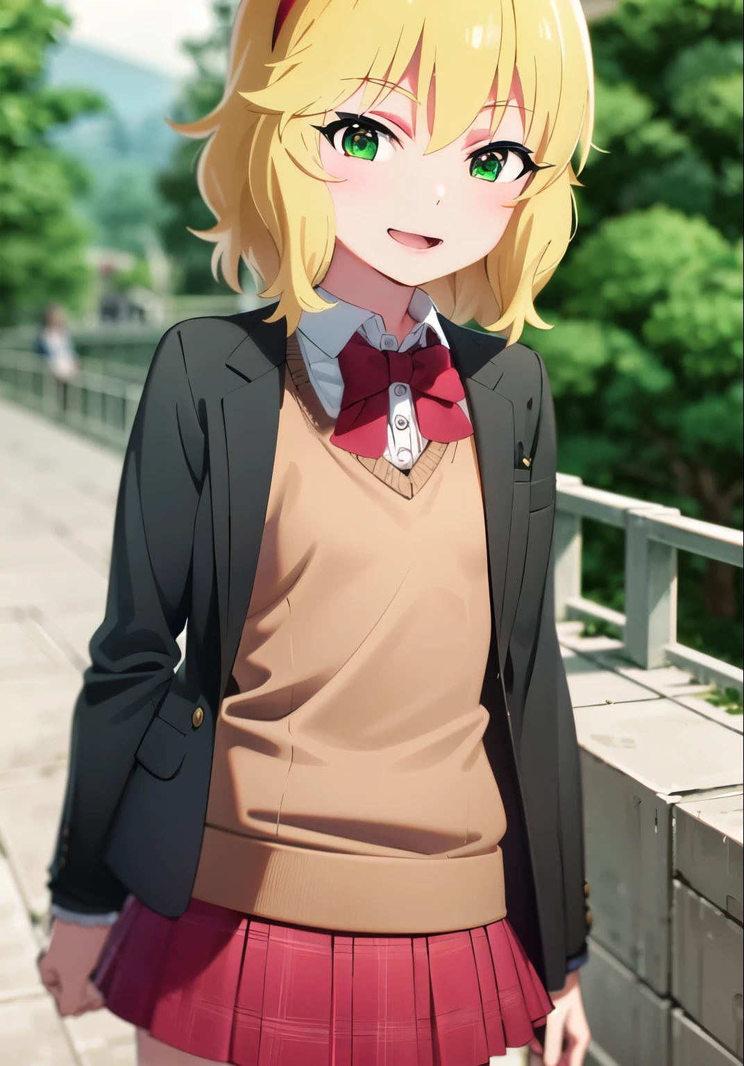 (masterpiece, best quality:1.0), highly detailed,  detail,  1girl , highschool student, sakurai momoka, yellow hair, green eyes, hair band, UNiform, red bowtie, collared shirt, sweater vest, blazer, black blazer, opened jacket, long sleeves, plaid skirt, brown skirt, outdoor,  smile,  standing, cowboy shot