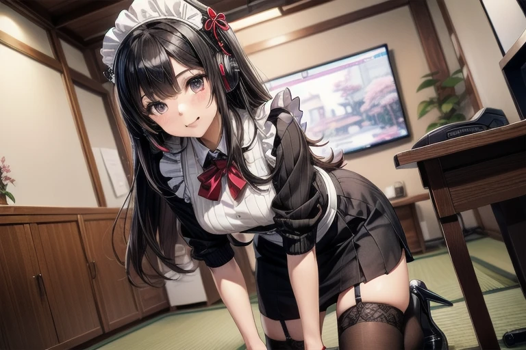 1girl, anime, black eyes, long black hair with square bangs, very long black hair, super long black hair, skirt and stockings, heels, black Japanese style kimono mixed with ribbed black sweater with red accents and sakura floral design, ((ribbed black sweater)) adult, (Japanese shrine/temple background), gamer, (((gamergirl))),  (((office lady))), kimono sleeves, garter, graceful, (((maid uniform design))), broom, sweeping, cleaning, happy, feather duster, headphones, (sakura floral design)