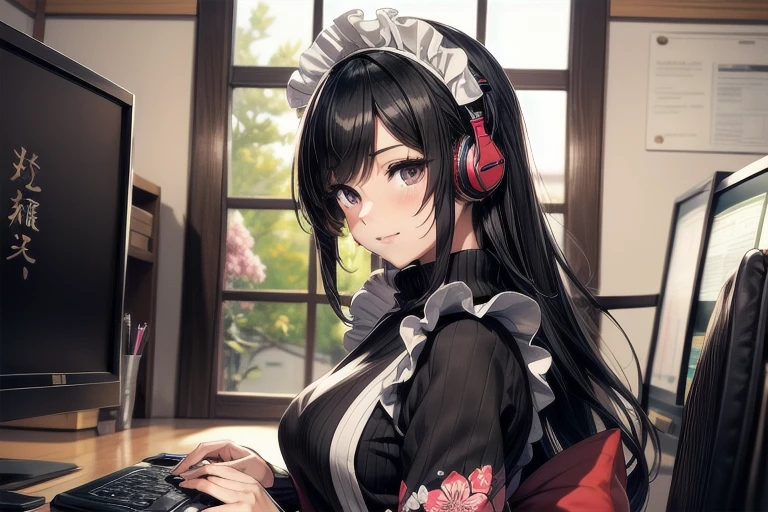 1girl, anime, black eyes, long black hair with square bangs, very long black hair, super long black hair, skirt and stockings, heels, black Japanese style kimono mixed with ribbed black sweater with red accents and sakura floral design, ((ribbed black sweater)) adult, (Japanese shrine/temple background), gamer, (((gamergirl))), (((office lady))), kimono sleeves, garter, graceful, (((maid uniform design))), broom, sweeping, cleaning, happy, feather duster, headphones, (sakura floral design)