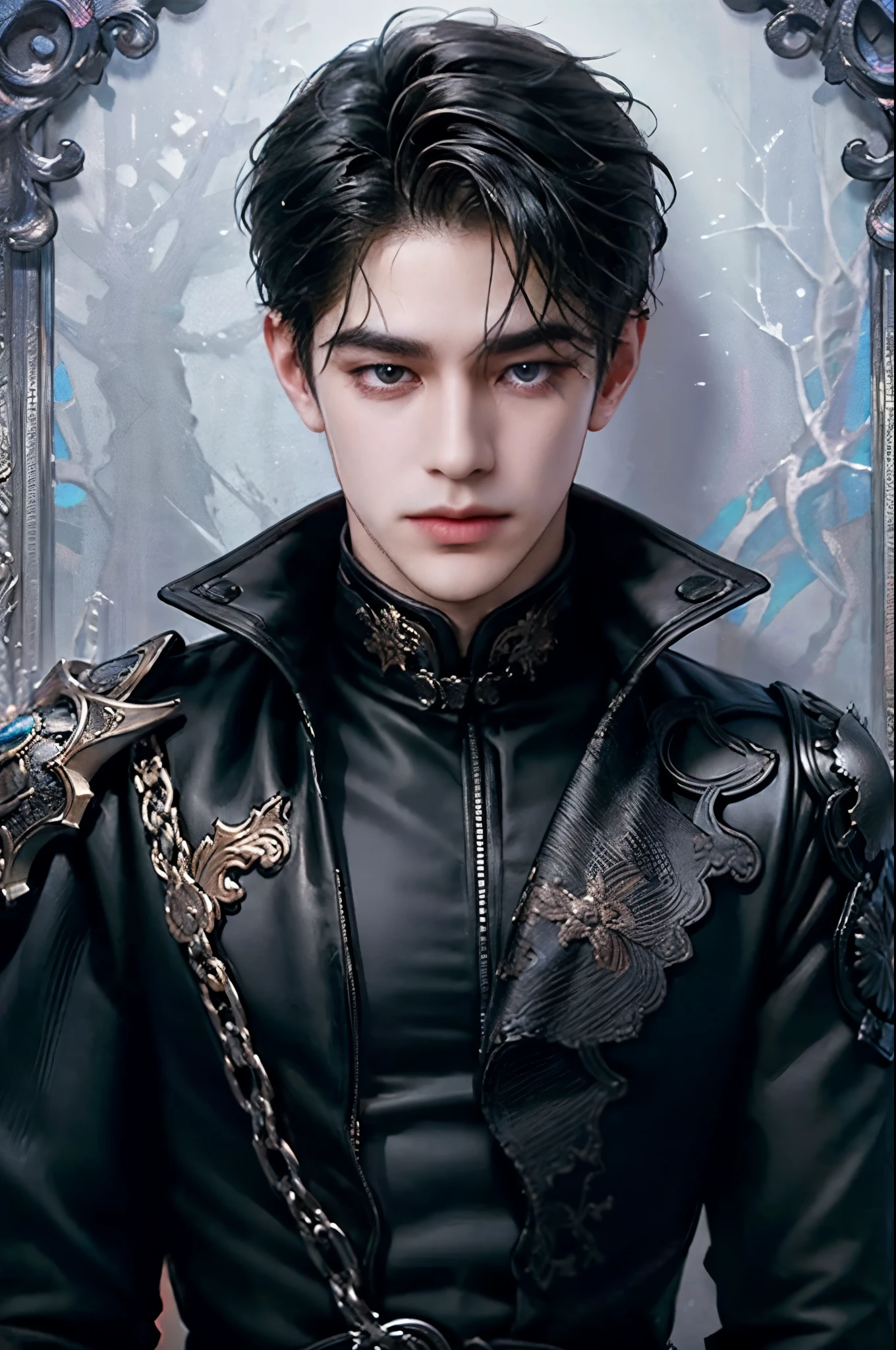 masterpiece, best quality, 1man, adult, male focus, solo, medium black hair, vibrant black eyes, looking at viewer, closed mouth, emo, Fantasy aesthetics, Highly detailed, shadowverse style, leather coat