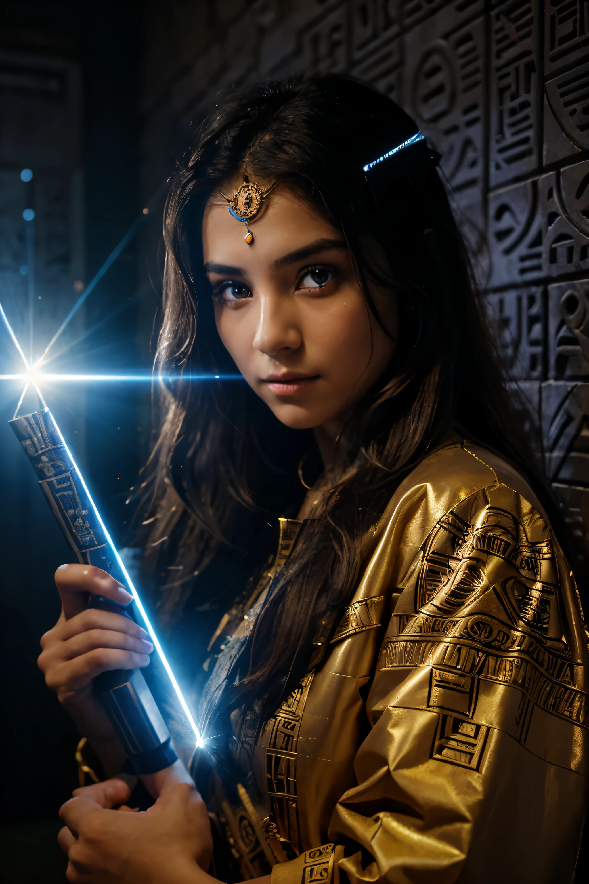 A Priestess with a Laser beam machine carving hieroglyphs on a wall. She wear ritualistical clothes with, Her beautiful detailed eyes observe the light of laser beam on the wall. The laser illuminates the temple with a vivid blue light, creating a mesmerizing spectacle. The girl's face reflects astonishment and wonder as she witnesses this extraordinary tecnology in ancient times. The laser beam carving intricate hieroglyphics and symbols. The scene is captured in high resolution, showcasing every ultra-detailed element with sharp focus and realistic rendering.