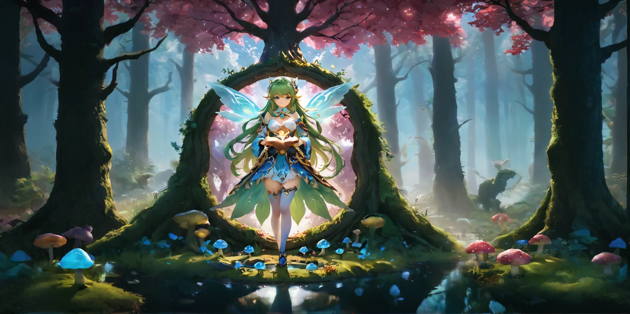 anime girl in a forest with mushrooms and trees, fey queen of the summer forest, anime fantasy artwork, anime fantasy illustration, forest fairy, fantasy art style, 2. 5 d cgi anime fantasy artwork, forest fae, goddess of the forest, astri lohne, from league of legends, cushart krenz key art feminine, goddess of nature