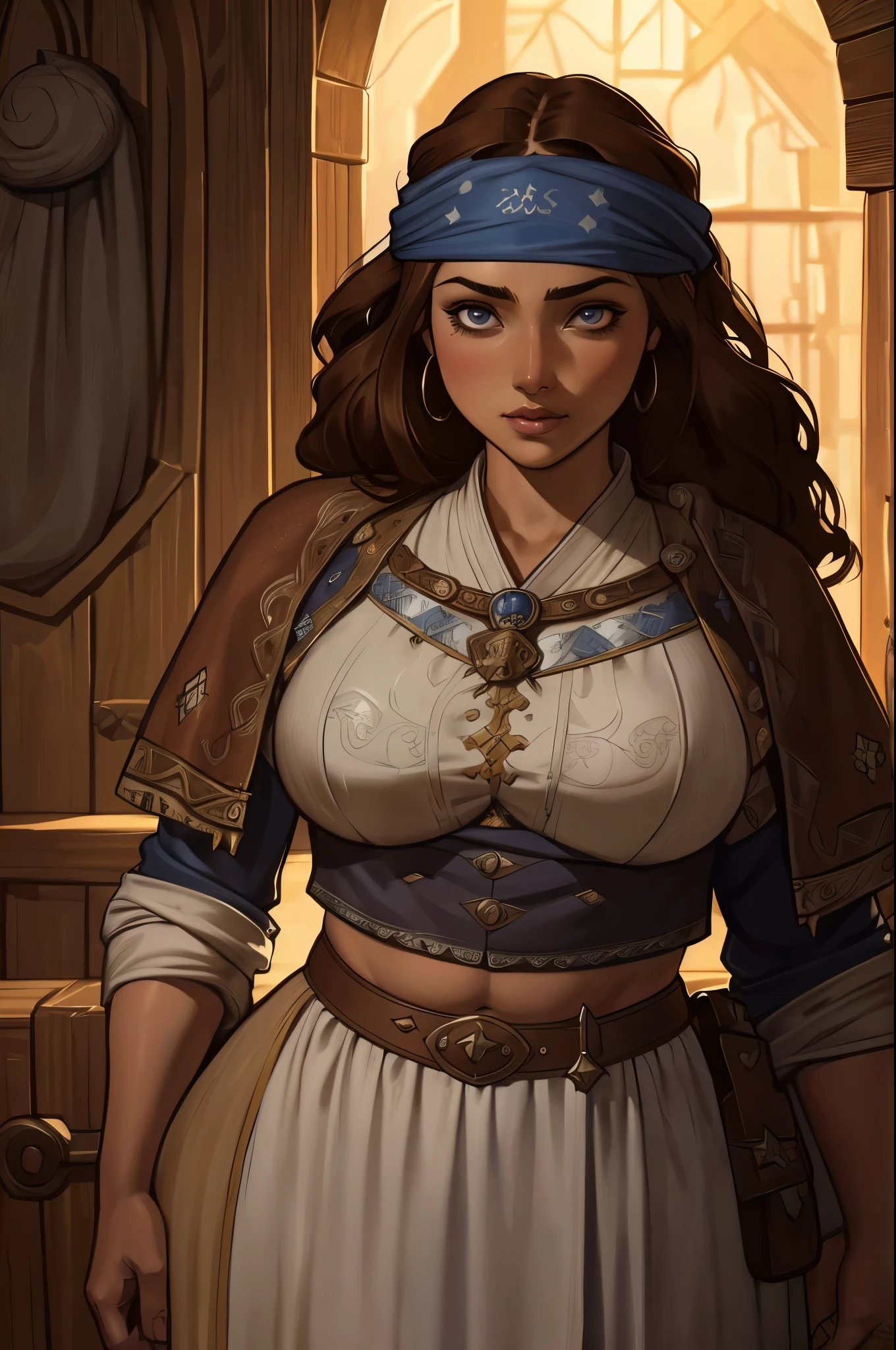 gypsy woman, curvy hips, with light brown hair, with brown eyes, plump lips, a bandanna around her head like how pirates use to do, has a crop top shirt with flared sleeve and a matching flowy skirt, | (8k, RAW photo, best quality, masterpiece:1.2), ultra-detailed, (high detailed skin:1.2), 8k uhd, dslr, soft lighting, high quality, in a medieval art RPG art style, (((cowboy shot portrait))), ((LOOKING at the VIEWER)), asura, film grain, highly detailed shading, ((Kentaro Miura art style)), | 