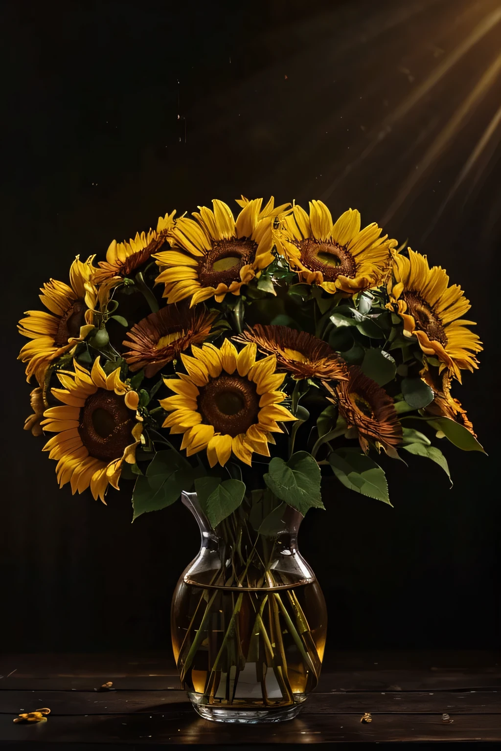 A high-resolution, close-up photograph of a bouquet of vibrant sunflowers with rich golden petals and dark brown centers, against a dark, moody background with soft lighting that highlights the details of the flowers and creates a sense of depth.