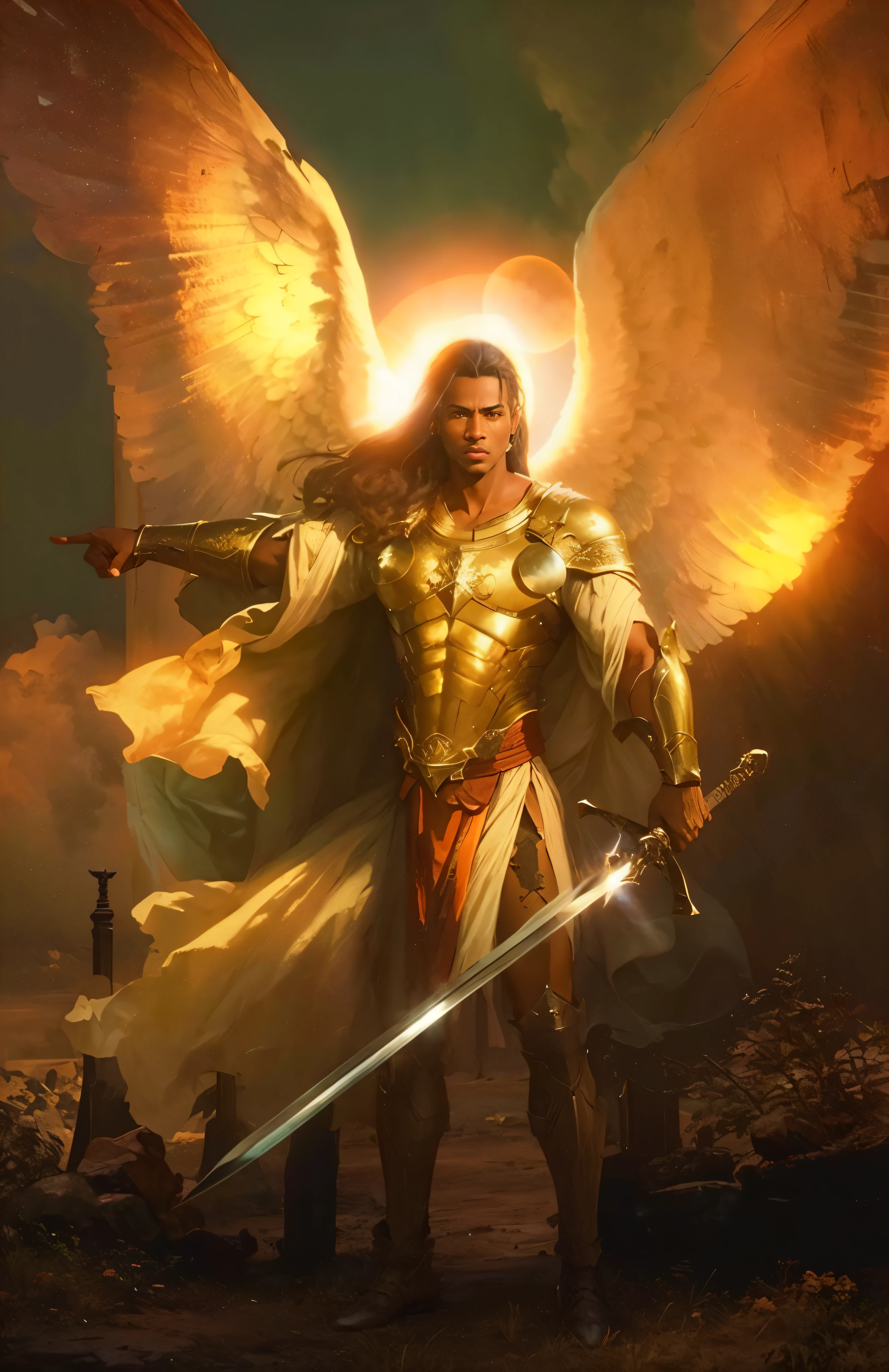 Anjo masculino de pele escura destemido, apontar o dedo indicador direito, O corpo inteiro, com uma grande espada vingadora, apocalipse, Dia do julgamento, illustration, cinematic light, high resolution, Melhor qualidade, ultra detalhado, chefe de'obra de arte,