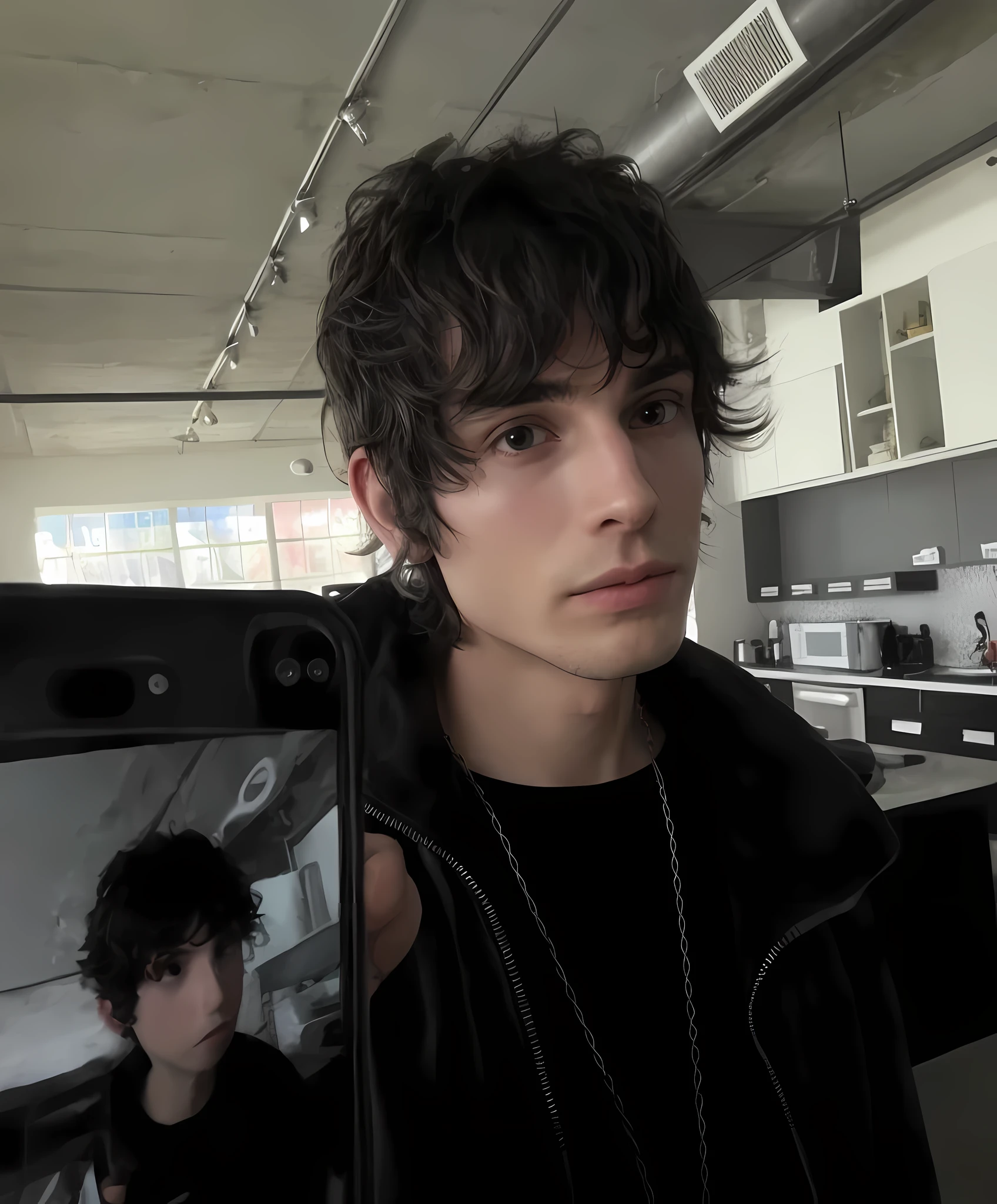 Arafed man in a black jacket taking a selfie in a kitchen., taken in the early 2020s, Finn Wolfhard, foto de perfil en la cabeza, looking defiantly into the camera, imagen de muy muy baja calidad, just a few bangs of hair, su cabello es desordenado y salvaje, con su largo cabello negro, tiro en la cabeza de medio cuerpo, thin from 2 to 5 years