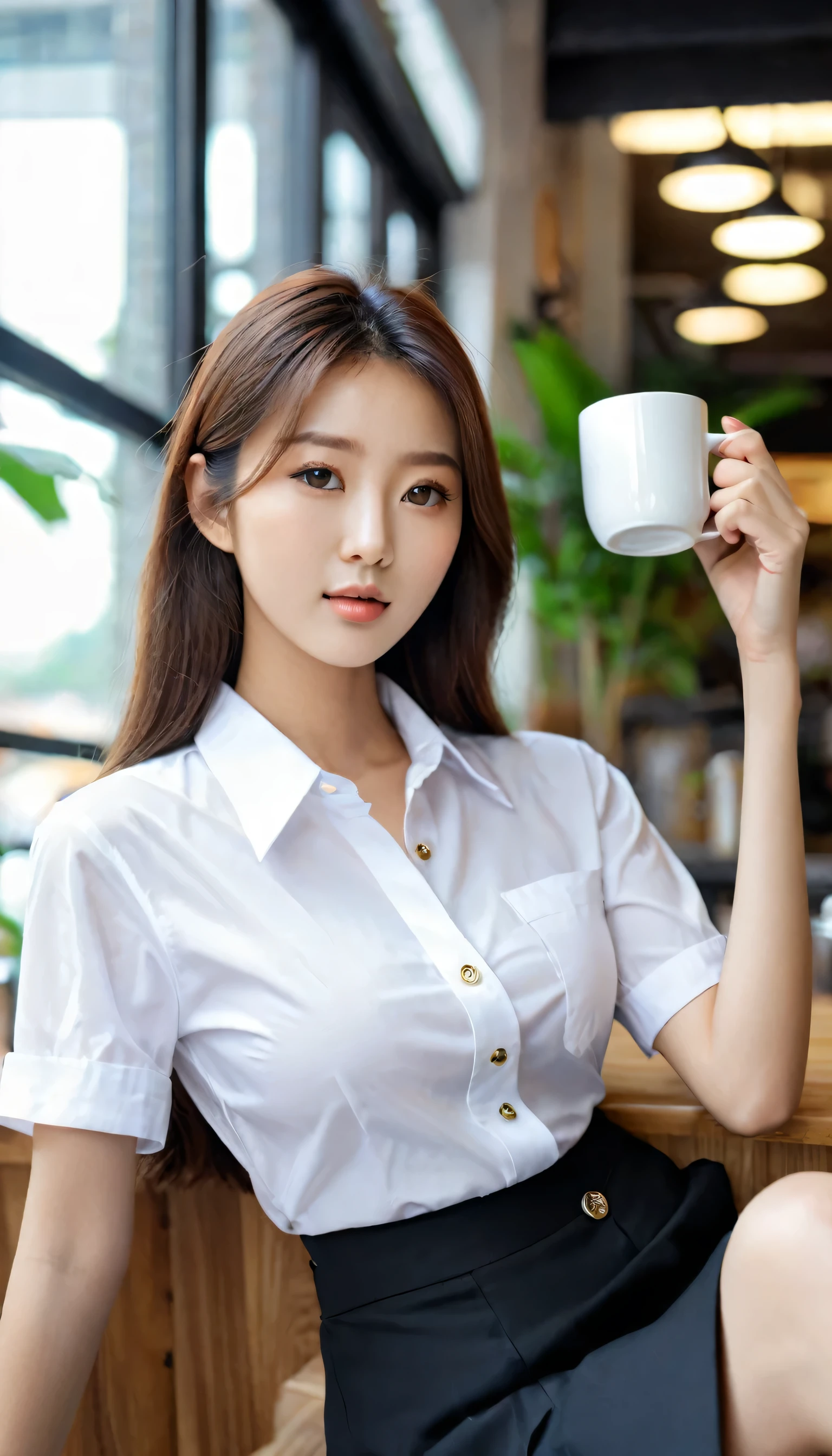 Close-up shot of beautiful korean female, 36 inch breasts size, straight long hair, wearing white short sleeve shirt, black skirt with bottons, black skirt, holding coffee mug, sitting in university 's cafe, uhd