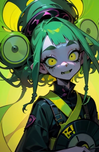 ((18-year-old punk girl)),((Green and yellow UK punk fashion:1.5)),(light black hair:1.5、dreadlocks、afro hair)Studded clothing、((Holding a record in both hands:1.5))、((Large speaker on the back))、(narrow and small eyes),Wacky makeup、breast enhancement, (masterpiece), (High resolution), (super delicate), nightmare, doll-like face, cartoon style, Horror elements, Comic style illustration, Japanese painting, Apparition, (Creepy), Japanese carving, crazy illustration, antique, dark atmosphere, flat illustration,Creepyな外観, unique atmosphere