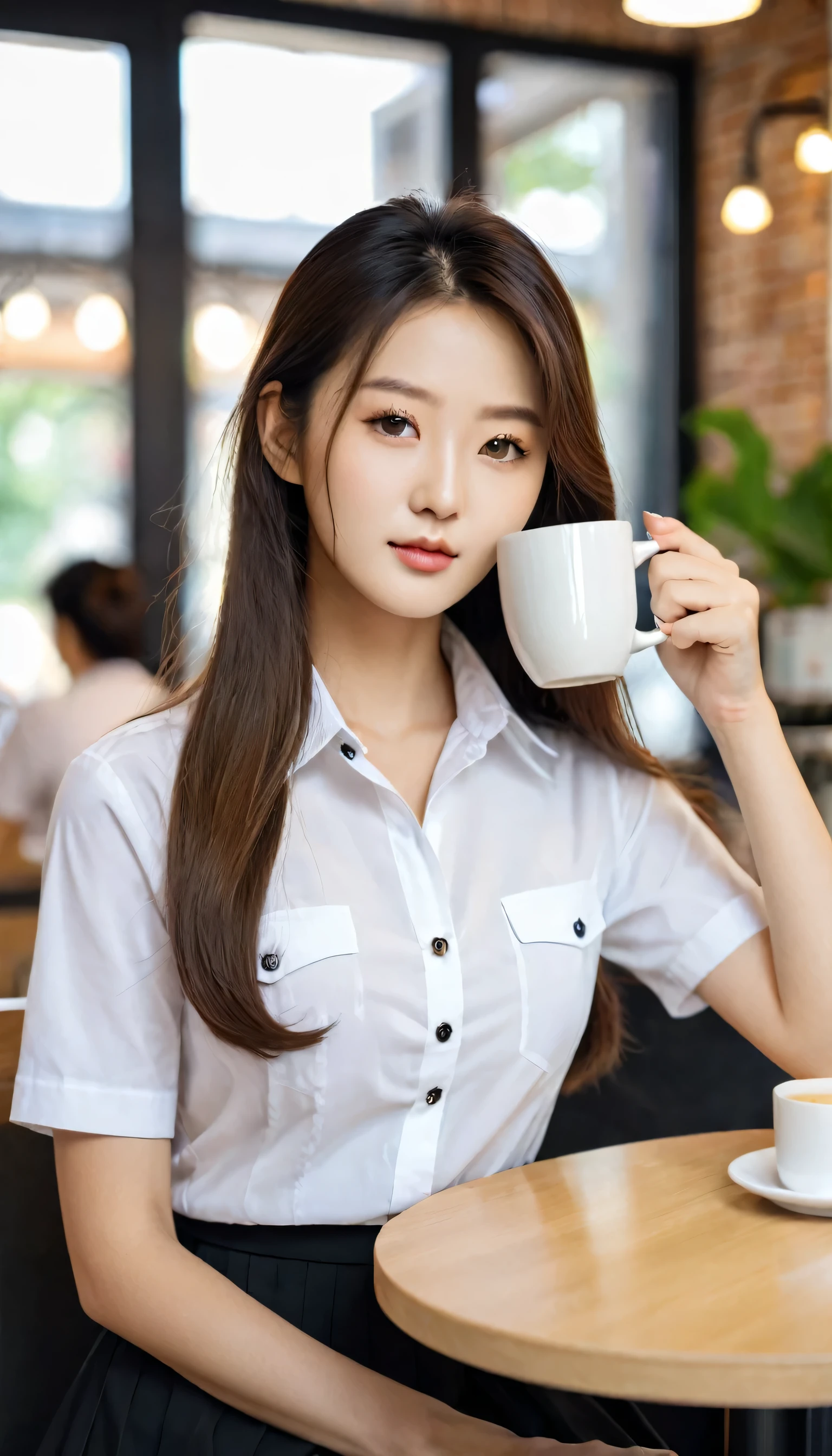 Close-up shot of beautiful korean female, 36 inch breasts size, straight long hair, wearing white short sleeve shirt, black skirt with bottons, black skirt,  holding coffee mug, sitting in university 's cafe, uhd