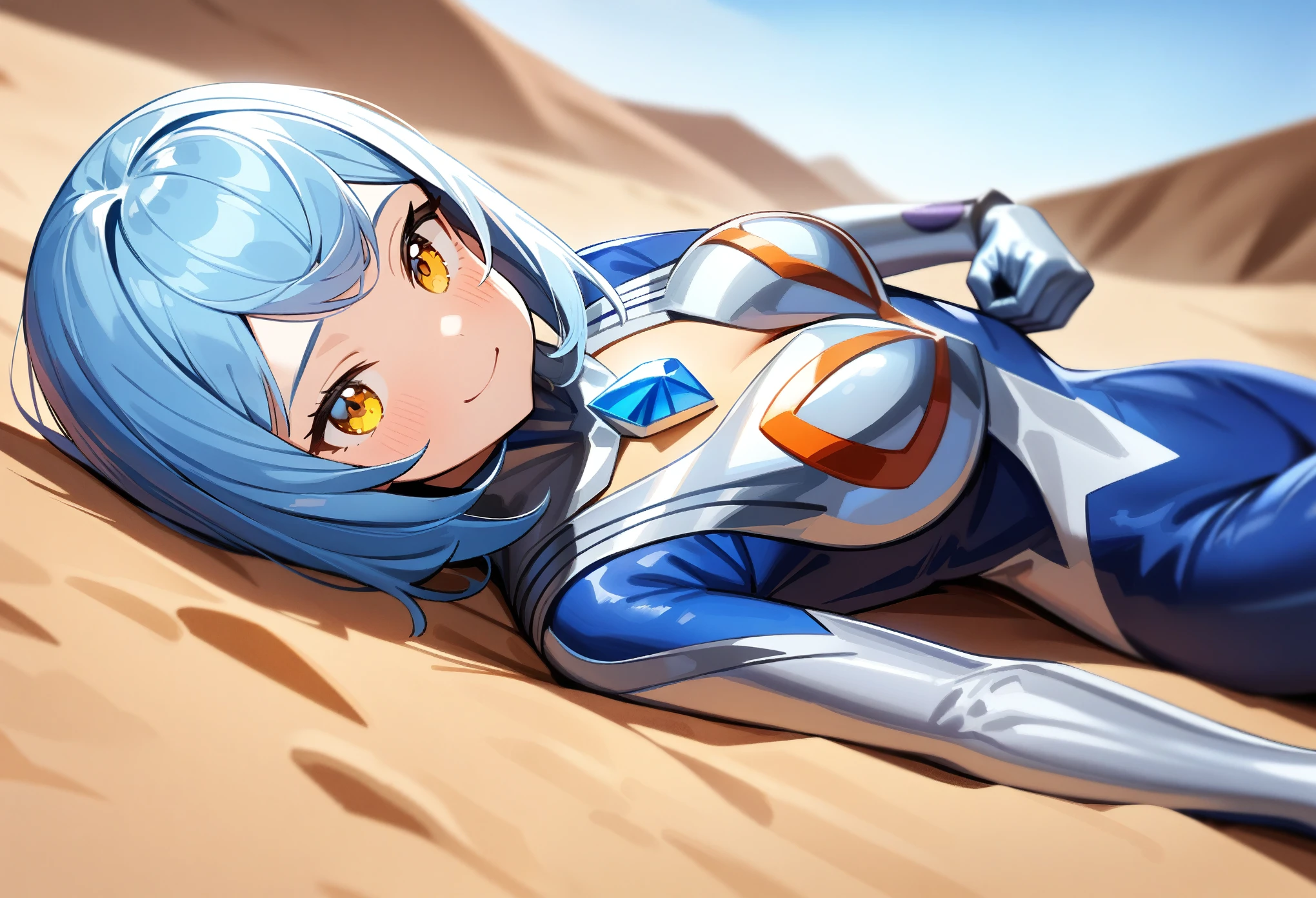 1girl,solo,cute face, ((blue bodysuit)),( blue female ultraman),blue hair, yellow eyes,blue gem on chest,lying desert,side view,ultra-detailed,sharp focus,aesthetic,(best quality)